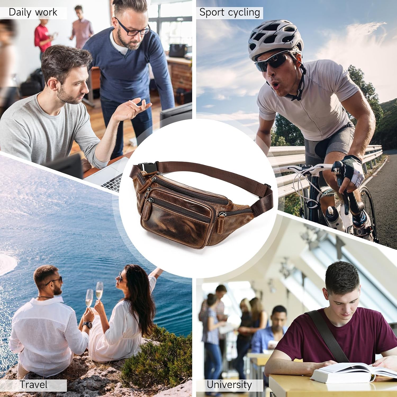 Crazy Horse Herren-Gürteltasche aus Leder, Sport-Gürteltasche, Geldbörse, Laufen, Hüfttasche für Handy, Leder-Umhängetasche, Kuriertasche, Geschenk für Herren, Leder-Bauchtasche, Kaffee,