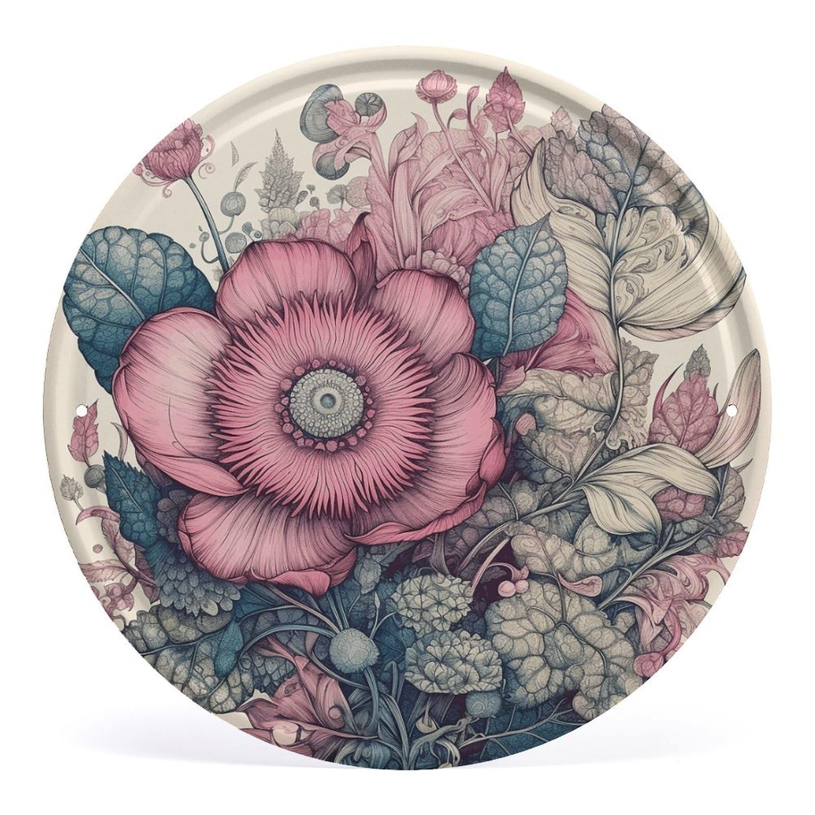 Fodpand Style Drawing Beautiful Flower Round Wall Art Hanging Decorations, Wall Decor Modern Minimalist Artwork, Tin Sign Hanging Picture For Living Room, Bedroom, Office, Hallway, 11.8X11.8 Inch