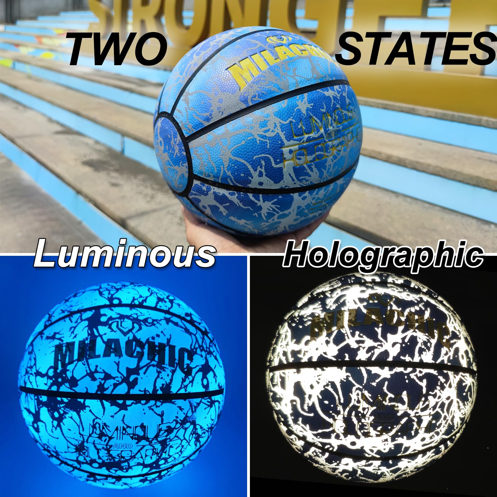 MILACHIC Basketball, Blue Glow in The Dark Holographic Basketball, Official Size 7 Indoor Outdoor Luminous Glowing Leather Basketballs 29.5