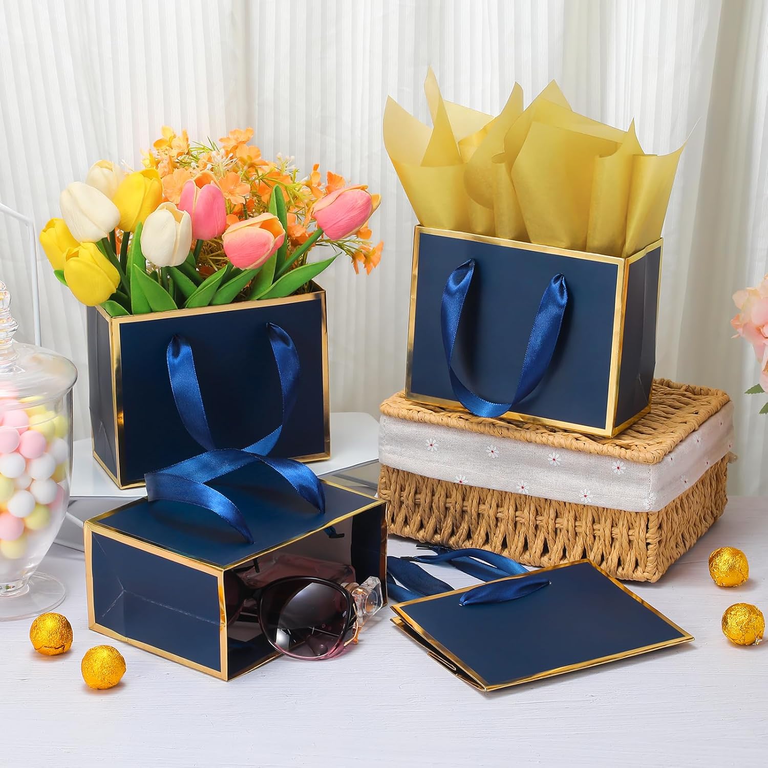 EQOREIIN 30 Pcs Small Metallic Foil Gift Bags with Handles, Blue Gold Thank You Favor Bag with Tissue Paper for Back to School Baby Shower Wedding Mother's Day Christmas Party (6.4x3.1x5.1 Inch) - Image 2