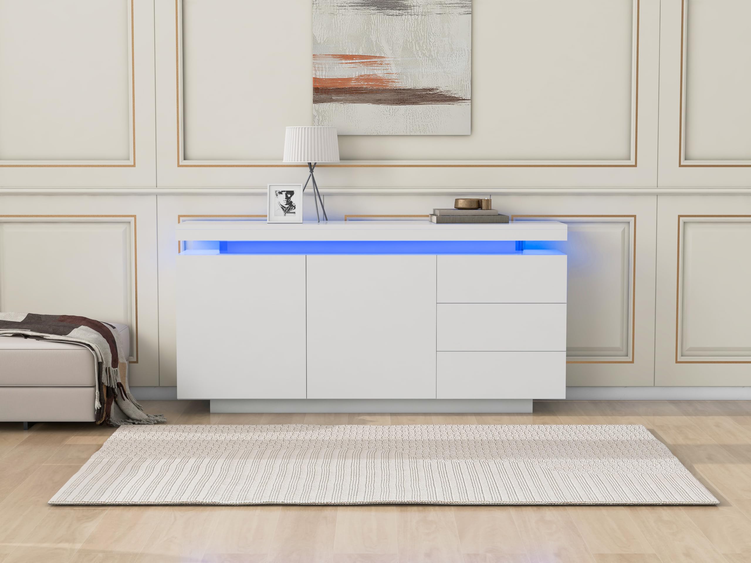 Kredens 2-drzwiowy 3 szuflady 140 x 35 x 72,5 cm biały LED wysoki