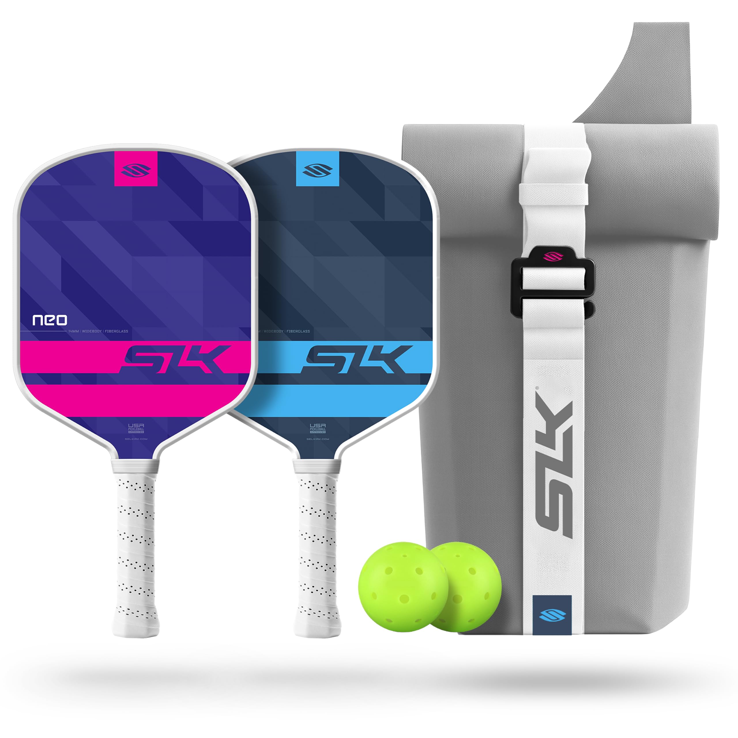SLK Neo Pickleball Paddles Set of 2 + Pickleballs + Sling Bag