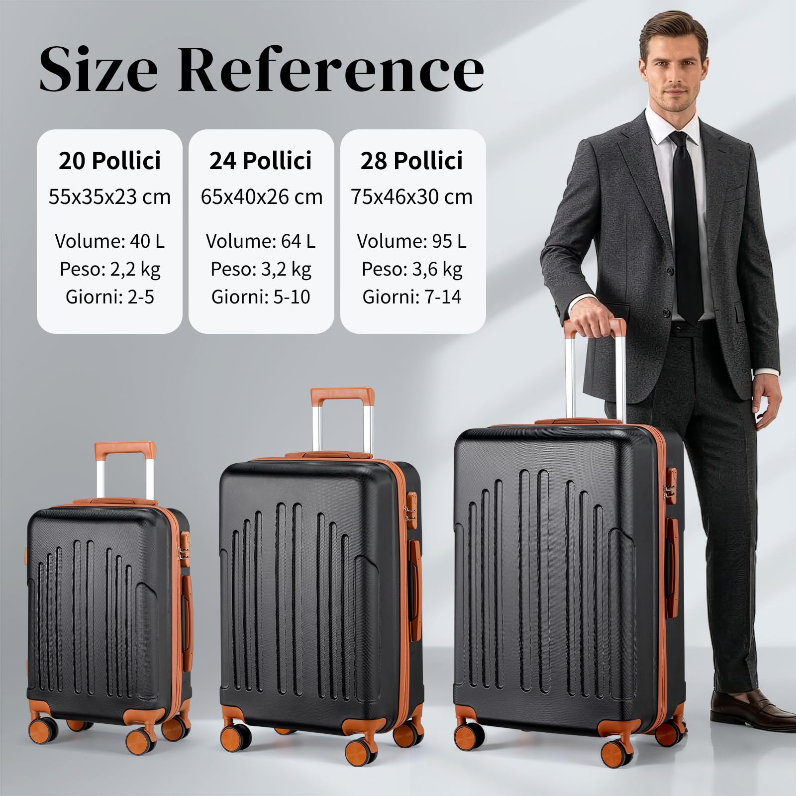 LEADZM Valigie Set 3 Pezzi, Set Valigie Rigide in ABS, Luggage Suitcase Grande 23 kg con 4 Ruote Girevoli Doppie (Nero-Marrone)