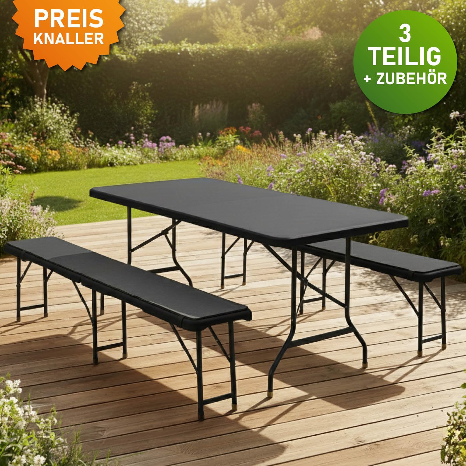 BRAST Bierzeltgarnitur Josef | 3er Set klappbar | 1x Tisch 180x74x74cm & 2X Sitzbank | für 10 Personen | 2 Varianten | inkl. Gratis Zubehör | Einrastsystem & Tragegriffe | Schwarz