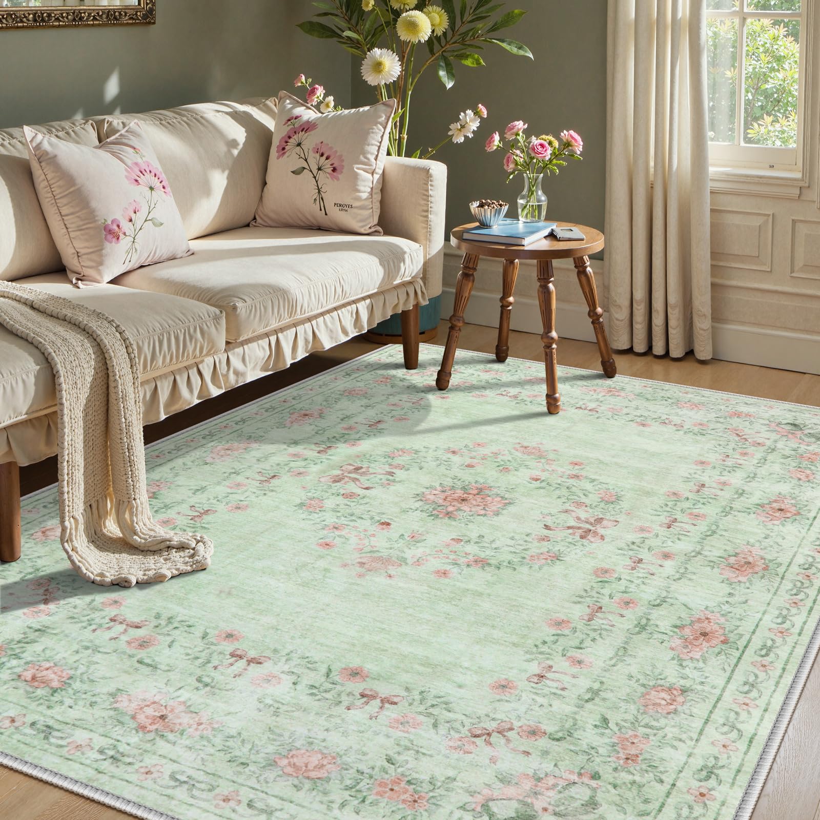 Photo 1 of Wonnitar Floral Bow Print Washable Rugs 5x7, Sage Green Rug for Living Room, Ultra-Thin Non Slip Soft Boho Carpet for Dining Room Bedroom Kid Room Playroom, Light Green