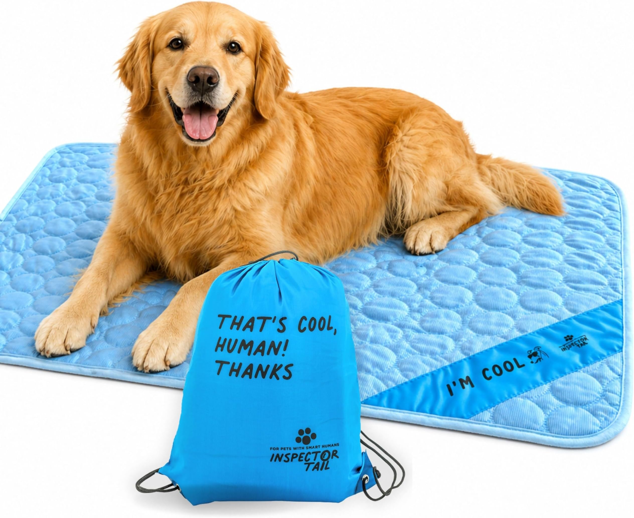 INSPECTOR TAIL Self Cooling Mat for Dog + Free String Bag/Washable & Portable Pet Soft Pad for Indoor or Outdoor/Perfect as Blanket for Kennel Sofa Bed Floor Car/Blue
