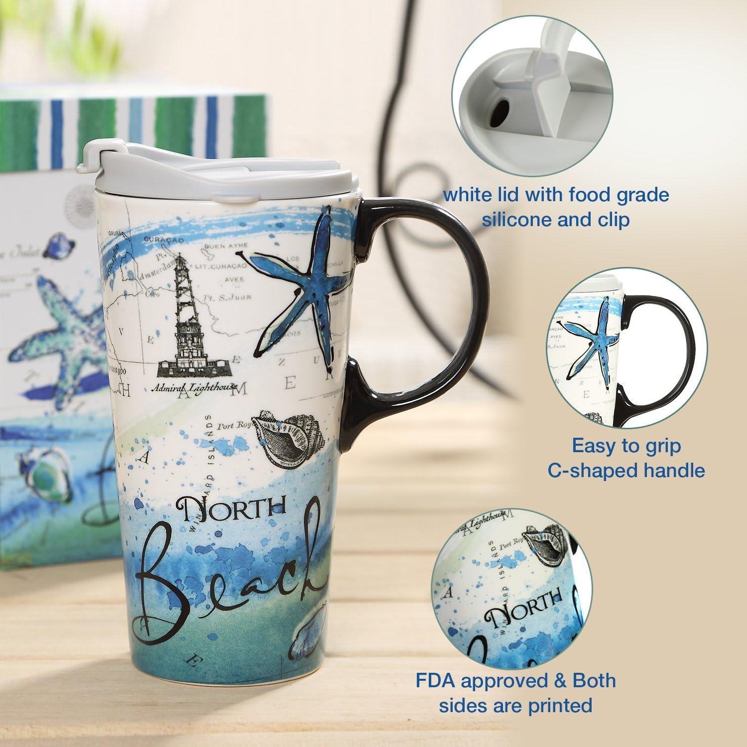 CEDAR HOME Coffee Ceramic Mug Porcelain Latte Tea Cup With Lid in Gift Box 17oz. North Beach
