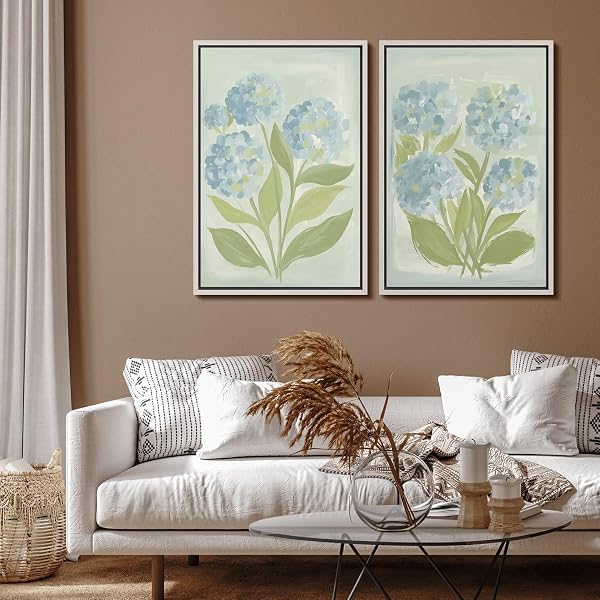 SIGNFORD Framed Canvas Print Wall Art Set Soft Hydrangea Pair Light Blue Florals with Green Leaves Illustration Modern Art Decorative Nordic Nature for Living Room, Bedroom, Office - 24"x36"x2 White - 4