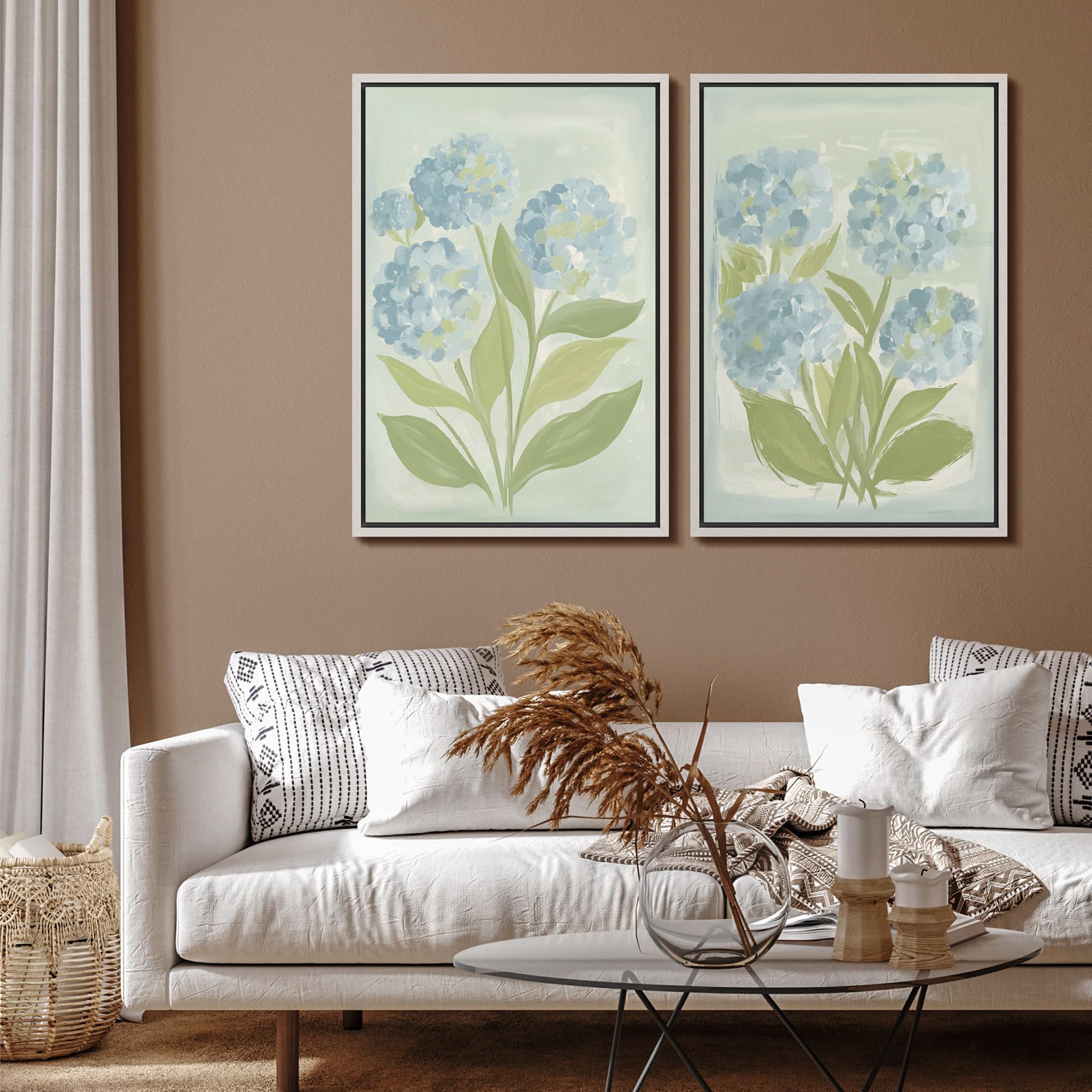 SIGNFORD Framed Canvas Print Wall Art Set Soft Hydrangea Pair Light Blue Florals with Green Leaves Illustration Modern Art Decorative Nordic Nature for Living Room, Bedroom, Office - 24"x36"x2 White — view 4