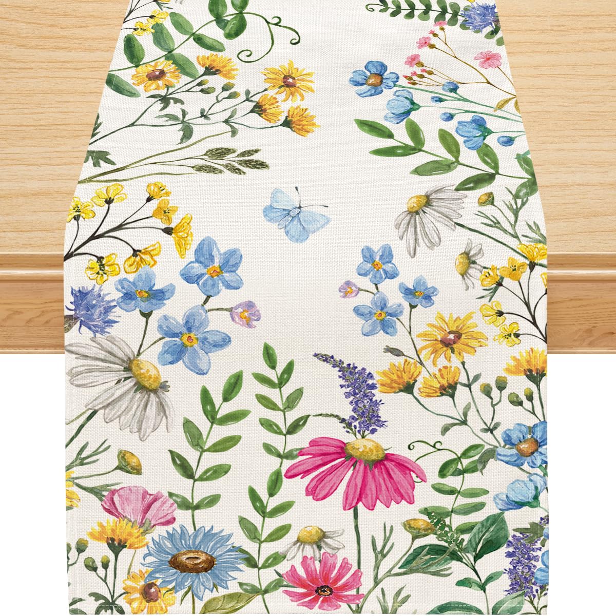 Spring Table Runner, Wildflowers Floral Butterfly Table Decoration Seasonal Summer Home Kitchen Dining Table Indoor Outdoor Farmhouse Decor 13x48 Inch
