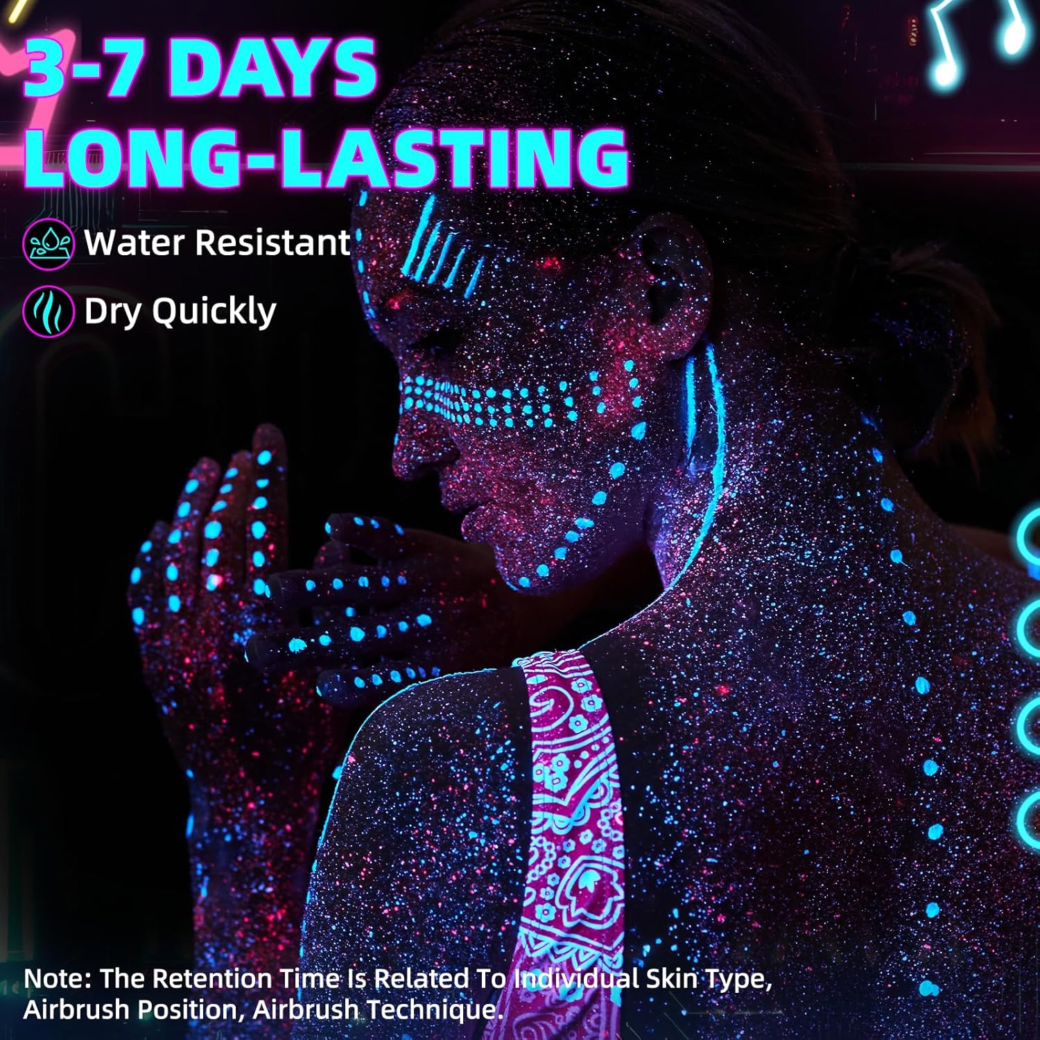 OPHIR 8 Colors Neon Airbrush Temporary Tattoo Ink, EDM Festival Body Paint for Rave Cosplay, Indoor Blacklight Outdoor Sun Glow, Winter-to-Summer Party Makeup Beauty Skin Art for Adults, 1.06oz/Bottle