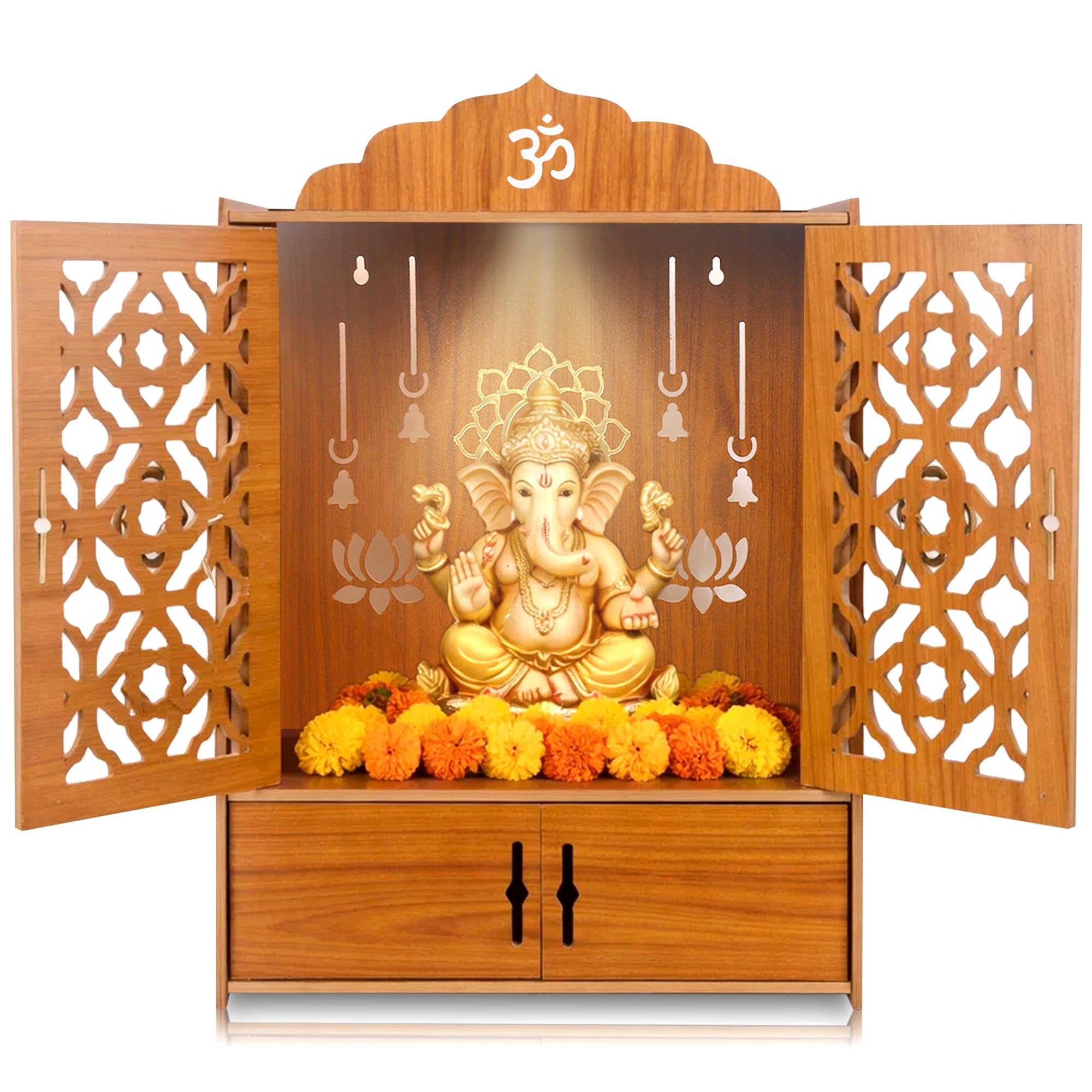 GLUN® Pack of 1 Wooden MDF Temple Mandir for Home & Shops, Size 17x11x10 Inch 1 Piece LED Light & Complete Wall Mount Kit with Door & Cabinet with Storage Space, Assembly Required, Pooja Mandir-image-33