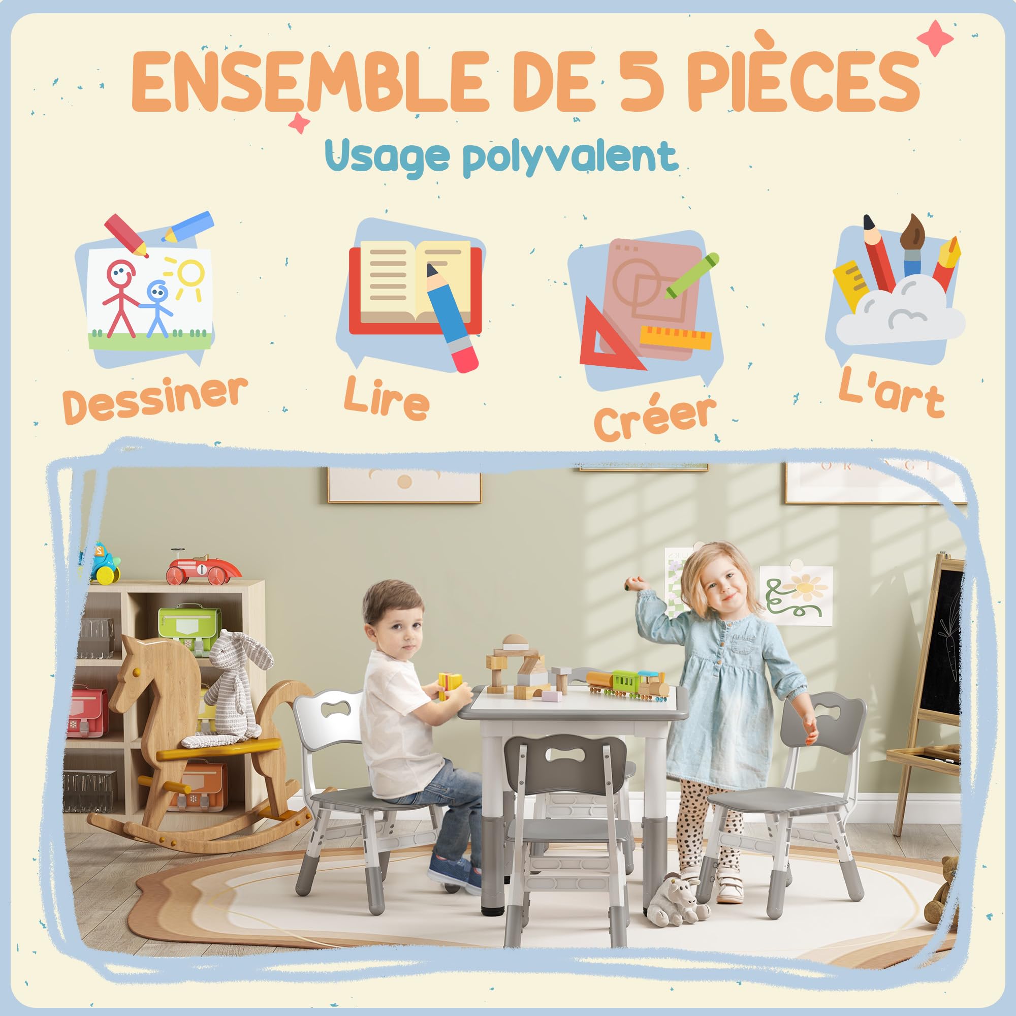 AIYAPLAY Ensemble Table et chaises pour Enfants Hauteur réglable Gris