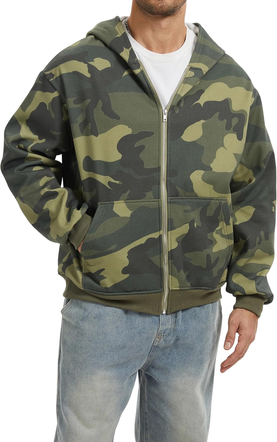 Camo Zip up Hoodie Men Full-Zip Fleece Hoodies Oversized Hooded Sweatshirts Maple Leaf Print Long Sleeve Sweatshirt - Image 2