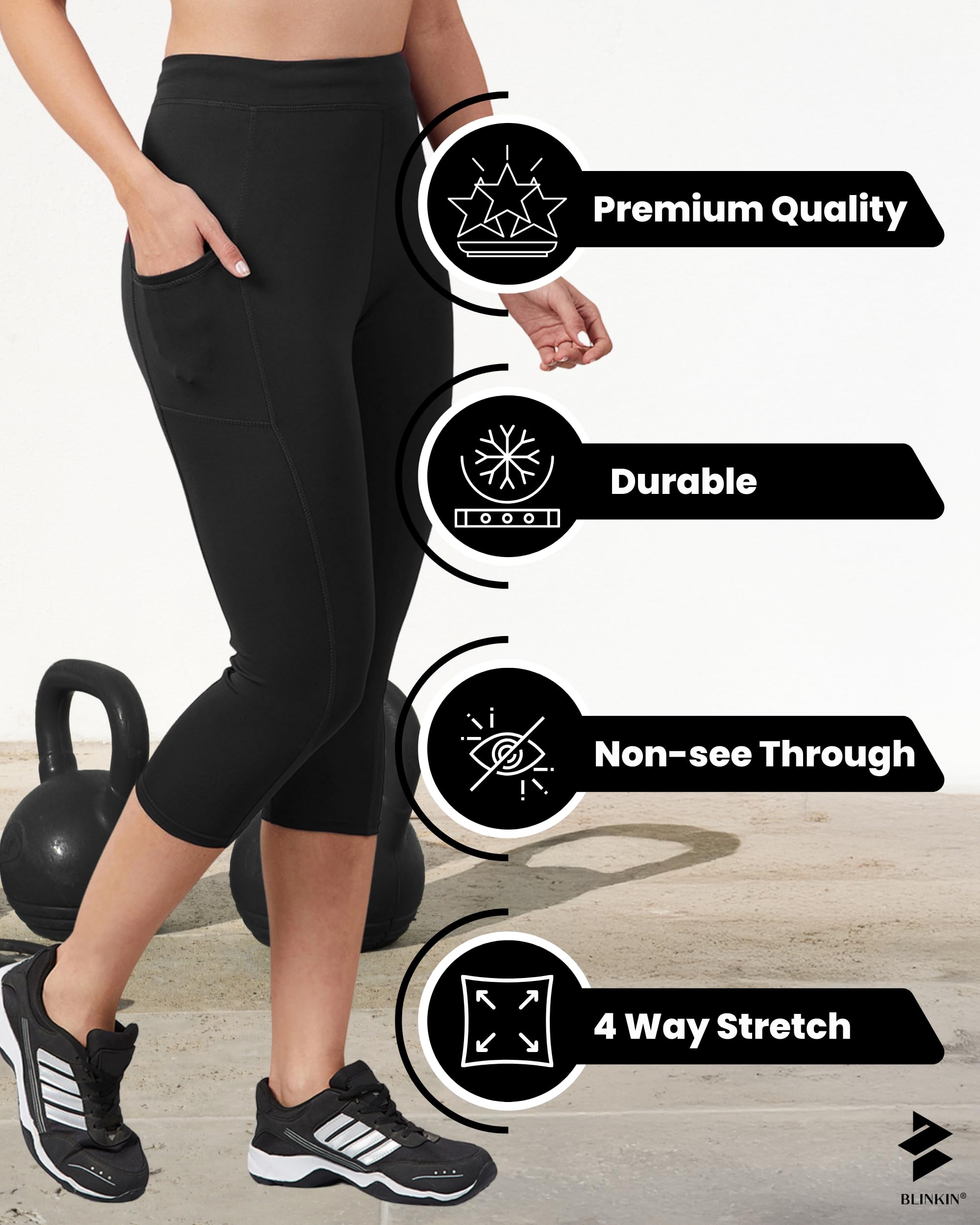 BLINKIN 3/4th Gym Pants for Women Workout, Capri for Women with Side Pockets - Ultimate Active wear Capris Tights for Women Workout|Yoga Pants for Women (Black,Size_5XL) - Image 5 thumbnail