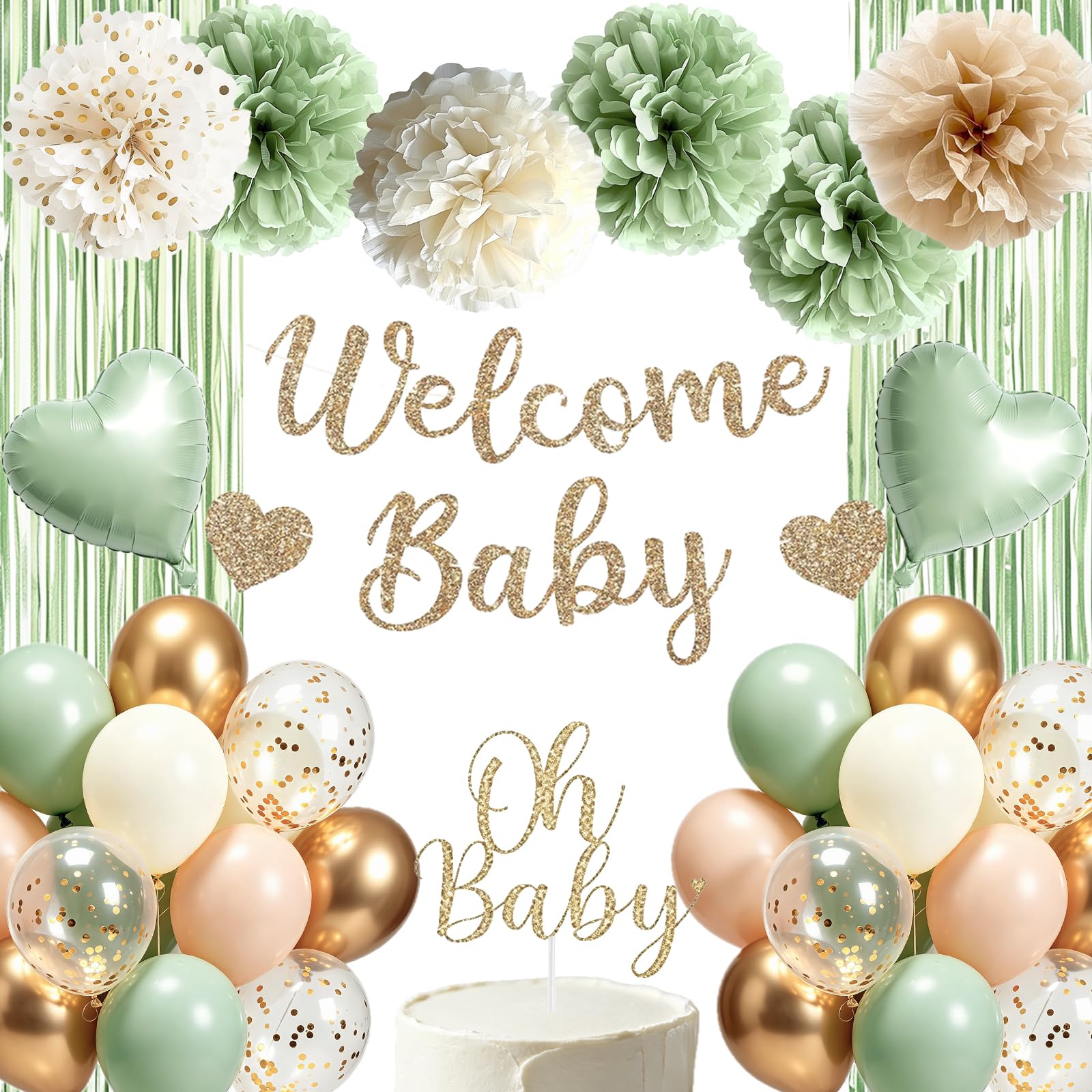 Lhbhzovite Sage Green Baby Shower Decorations, Gender Neutral Baby Shower Decor Set with Welcome Baby Banner, Tissue Pom Poms, Latex Balloons & "Oh Baby" Cake Topper, Complete for Welcome Baby Party