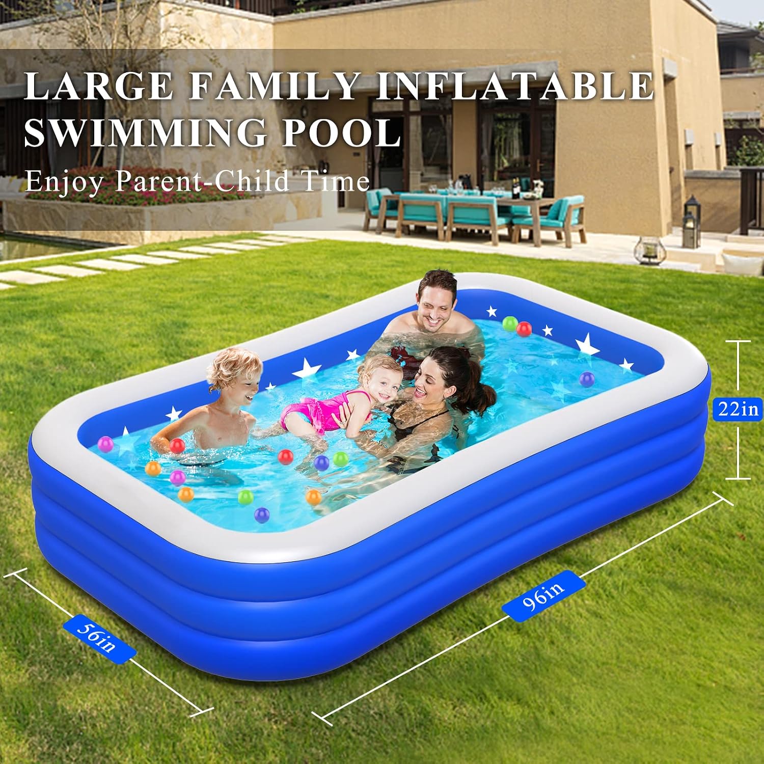 Inflatable Swimming Pool, 96" X 56" X 22" Kiddie Pool, Amily Inflatable Lounge Pool for Kiddie, Kids, Adults, Infant, Toddlers, Easy Set Swimming Pool for Garden, Backyard, Outdoor Summer Water Party