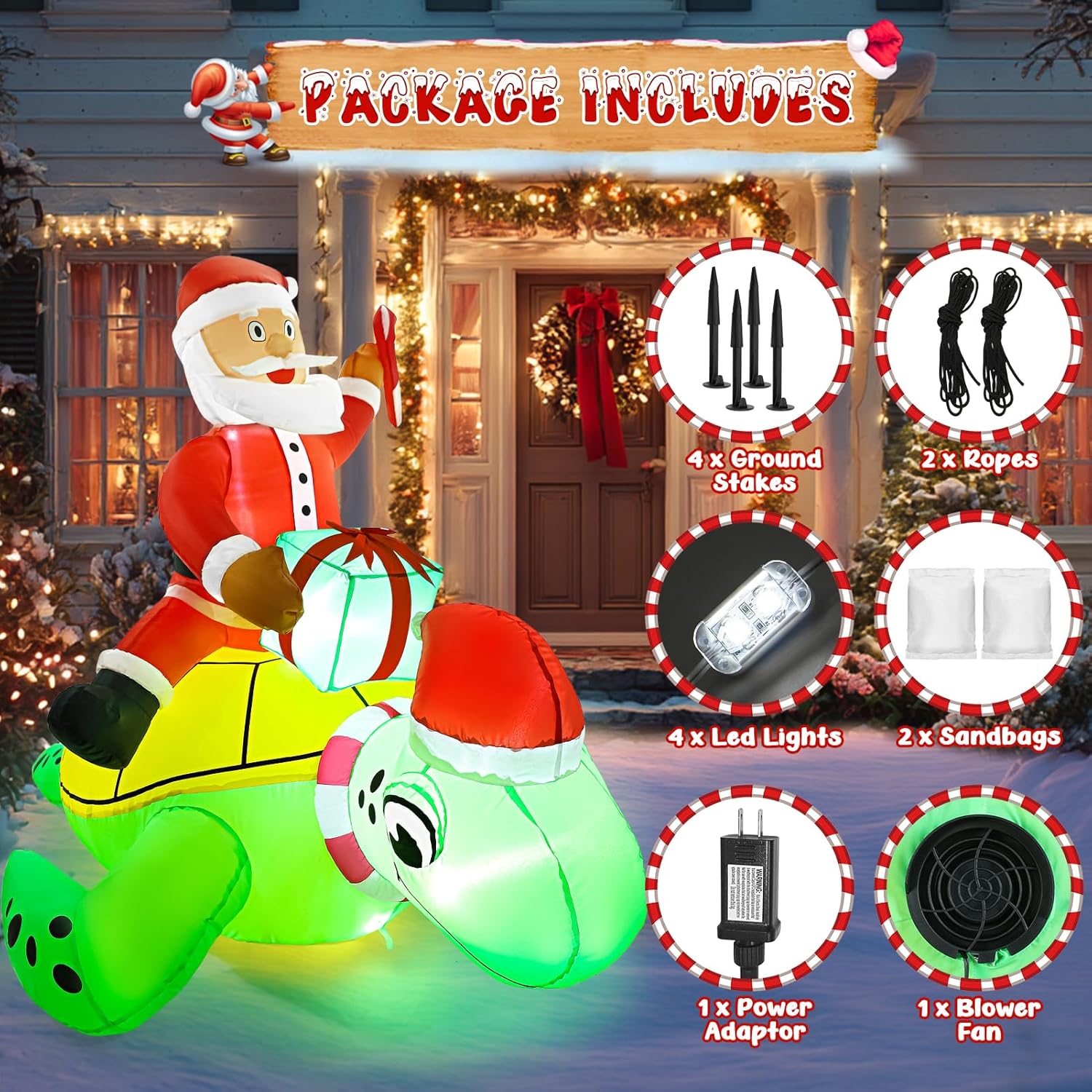 Christmas Inflatable Outdoor Decoration 4ft Blow Up Santa Claus Ride on Sea Turtle Yard Inflatables Decorations Xmas Winter Blowups Decor with Led Lights for Outside Lawn Garden Holiday Party