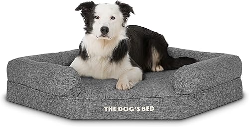 The Dog's Bed - Cama ortopédica de espuma viscoelástica impermeable para perro, grande, lino gris, alivia el dolor de artritis y displasia de