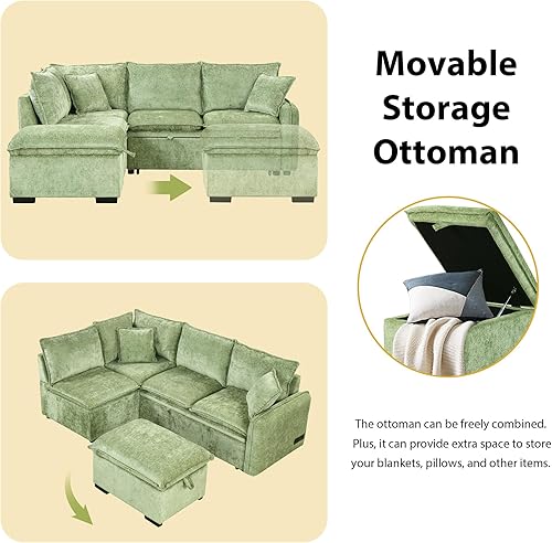 Miniatura 6 de FANYE Sofá modular tapizado de felpilla en forma de L, práctico sofá cama convertible con sofá cama extraíble, otomana de almacenamiento y puertos