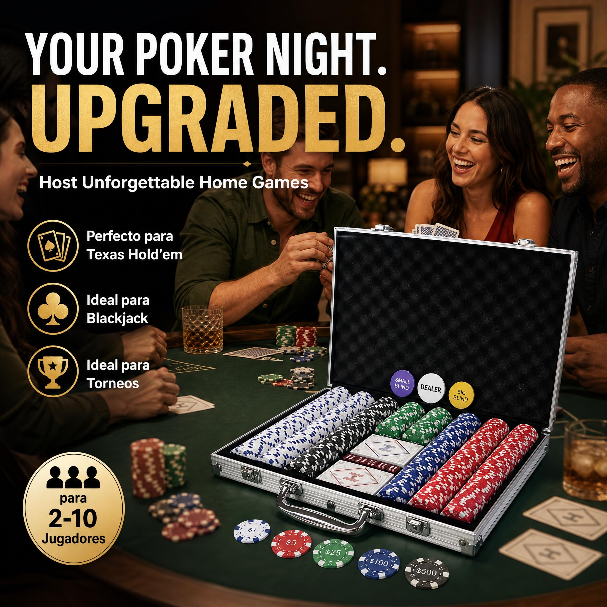 HEITOK Juego de Fichas de Póker 500 Fichas Numeradas – 11,5g con Denominaciones y Estuche Robusto para Adultos
