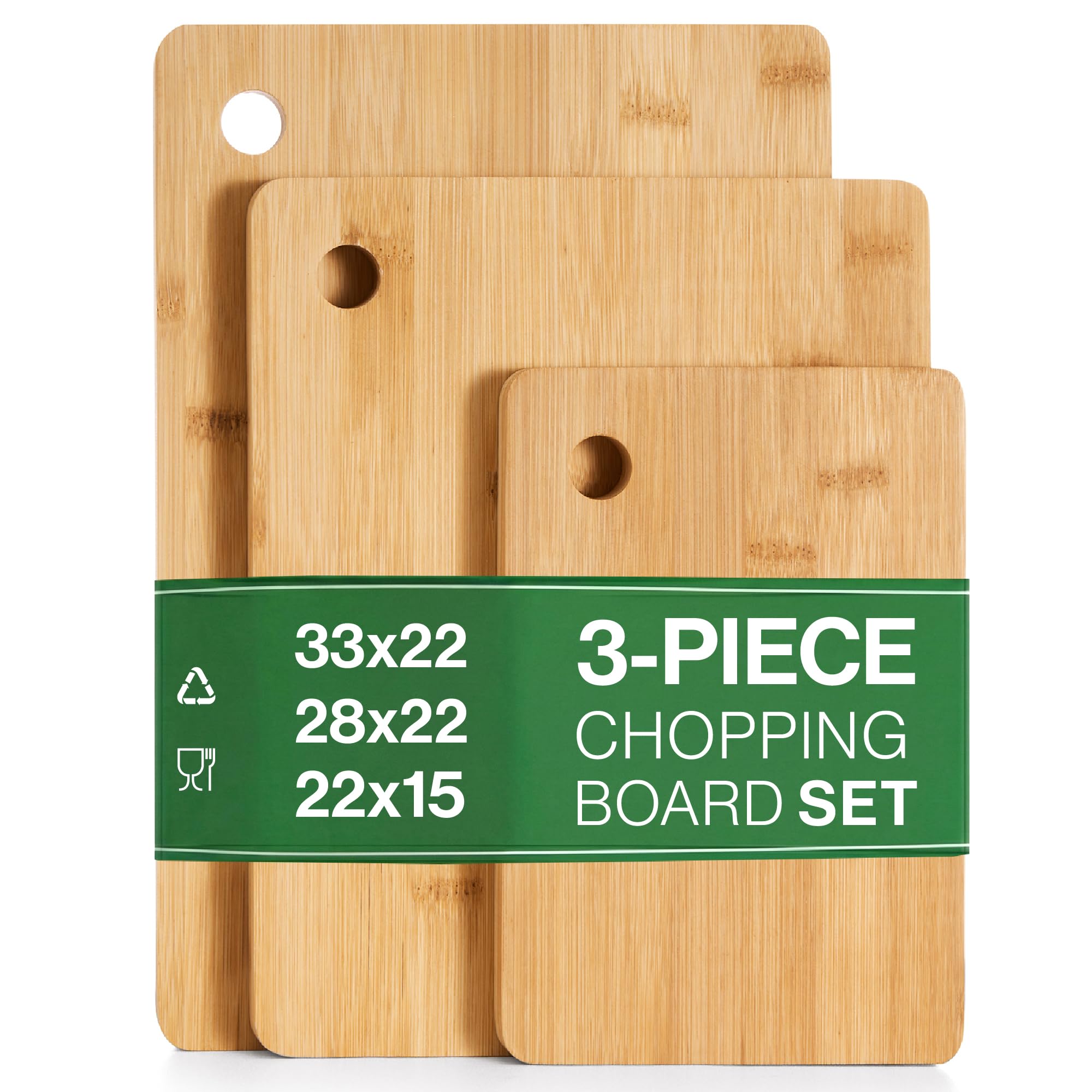 Premium Wooden Chopping Boards 3 Piece 100% Natural Organic Bamboo Chopping Board Set Different Sizes for Every Occasion Ideal for Carving Meat, Cutting Vegetables, Cheeses and Bread, Dishwasher Safe