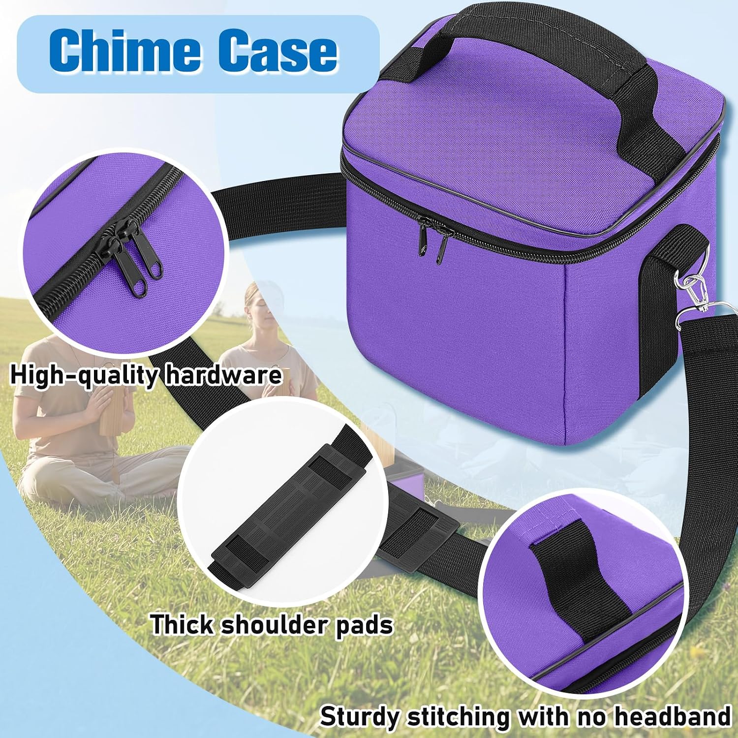 Universal Chimes Case Bag Hold up to 4 Chimes Accessory for Sound Healing Meditation Toolkit Protective Carrying Transport Travel Gig Bag for Wind Chime (Not Included), 8x8x8 Inch (Purple)