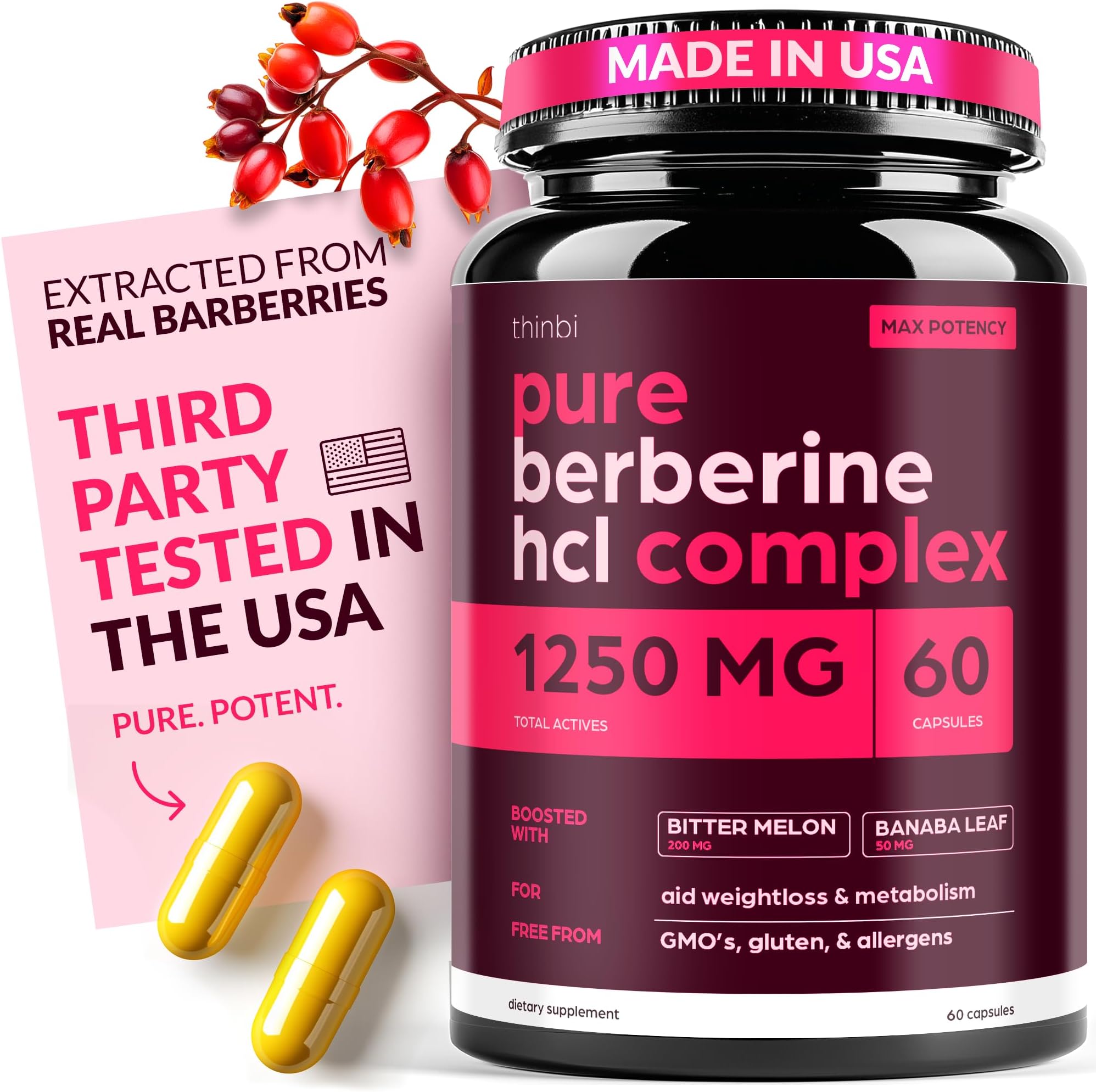 Artnaturals Berberine Supplement Potent Botanical Capsules for Weight Management with Bitter Melon and Banaba Leaf - HCl from Barberry Extract- 30 Servings