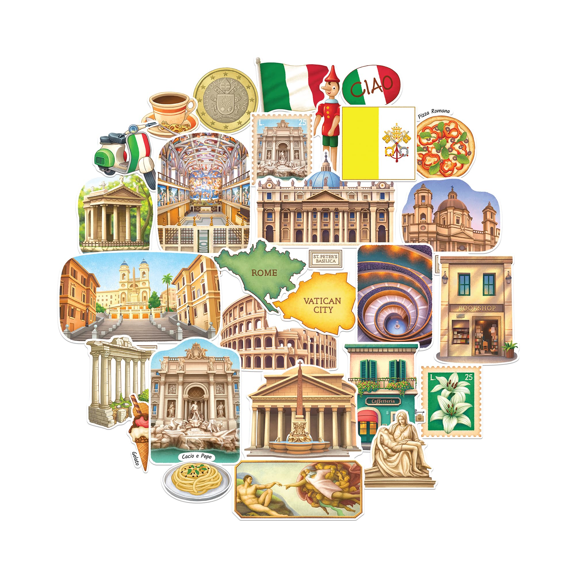 Navy Peony Historical Rome Statement Stickers - Hand-Painted Gouache, Glossy, Waterproof - for Suitcases, Laptops, Water Bottles (28-Piece Set)