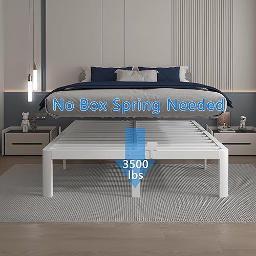 Miniatura 4 de Marco de cama de tamaño completo blanco de 12 pulgadas con deflectores, marco de cama completo de metal sin necesidad de somier, soporte de