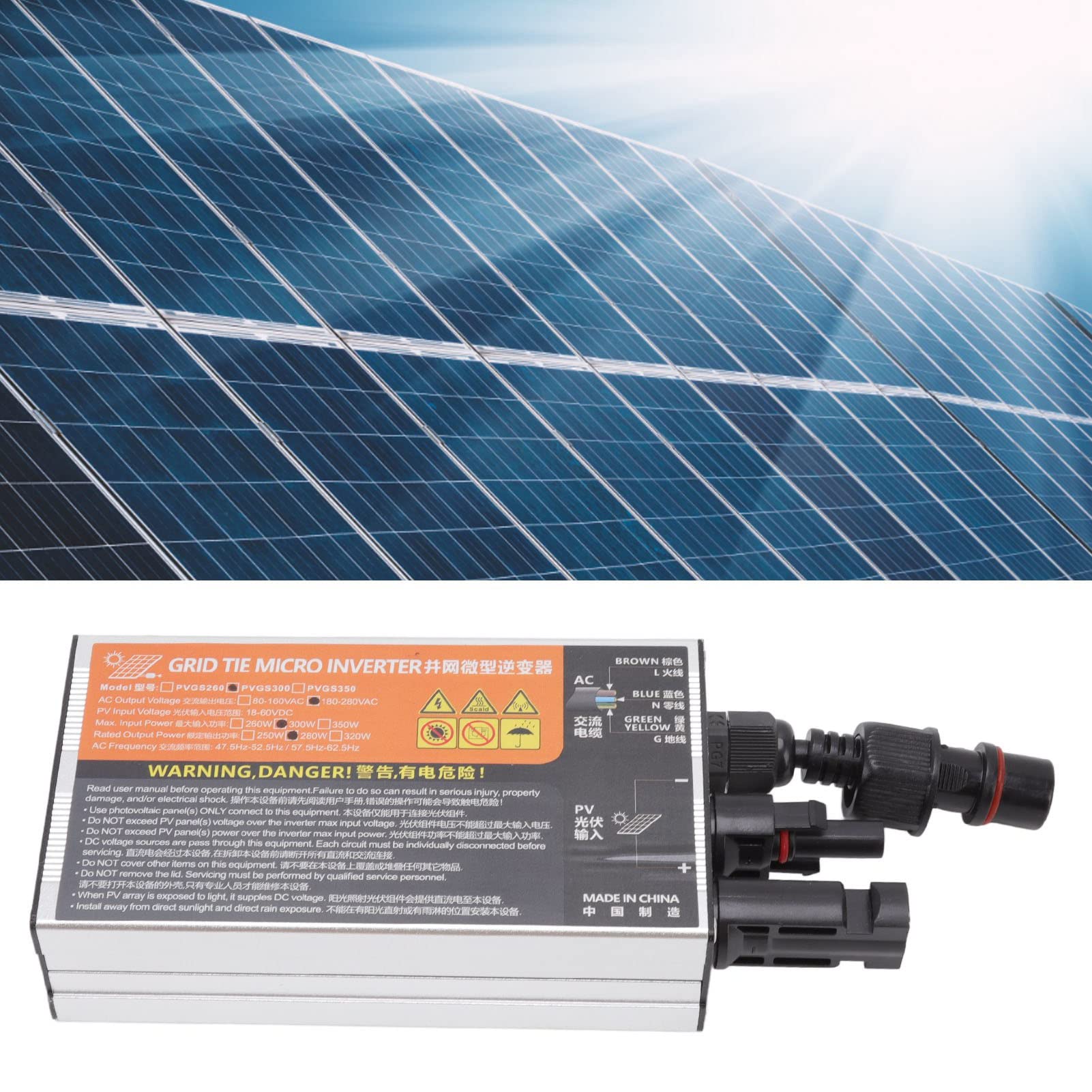 Microinversor Solar de Alta Eficiencia para Uso Doméstico, Aleación de Aluminio Resistente Al Agua, 18-60V AC220V, 1 Unidad (PVGS-300W(18-60V)-CA220V)