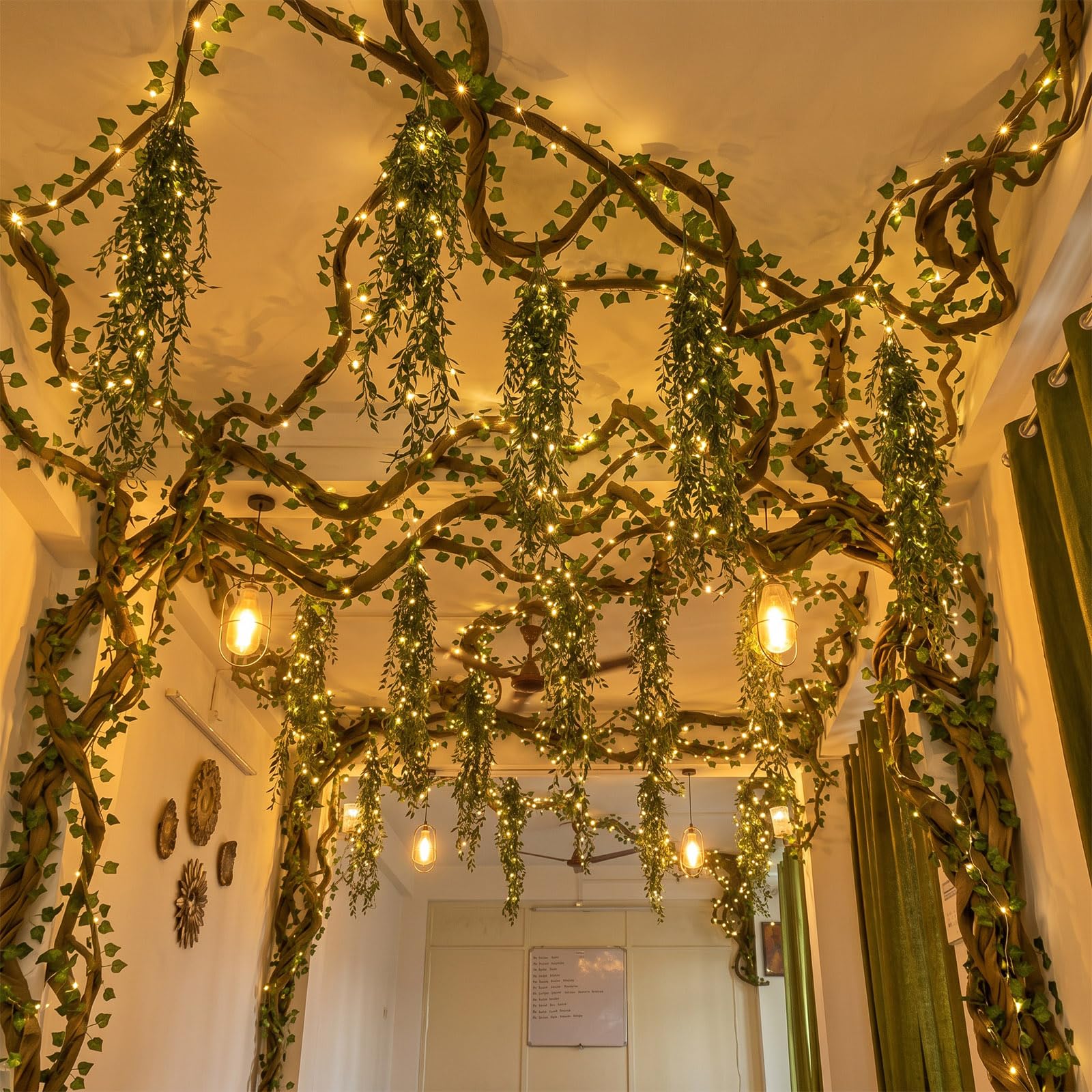 Blosssound Decoración temática de la selva, árbol 3D con hojas artificiales, guirnaldas de hojas de uva, luz LED, papel kraft para fiesta temática de bosque lluvioso 2026, decoración de tablón de
