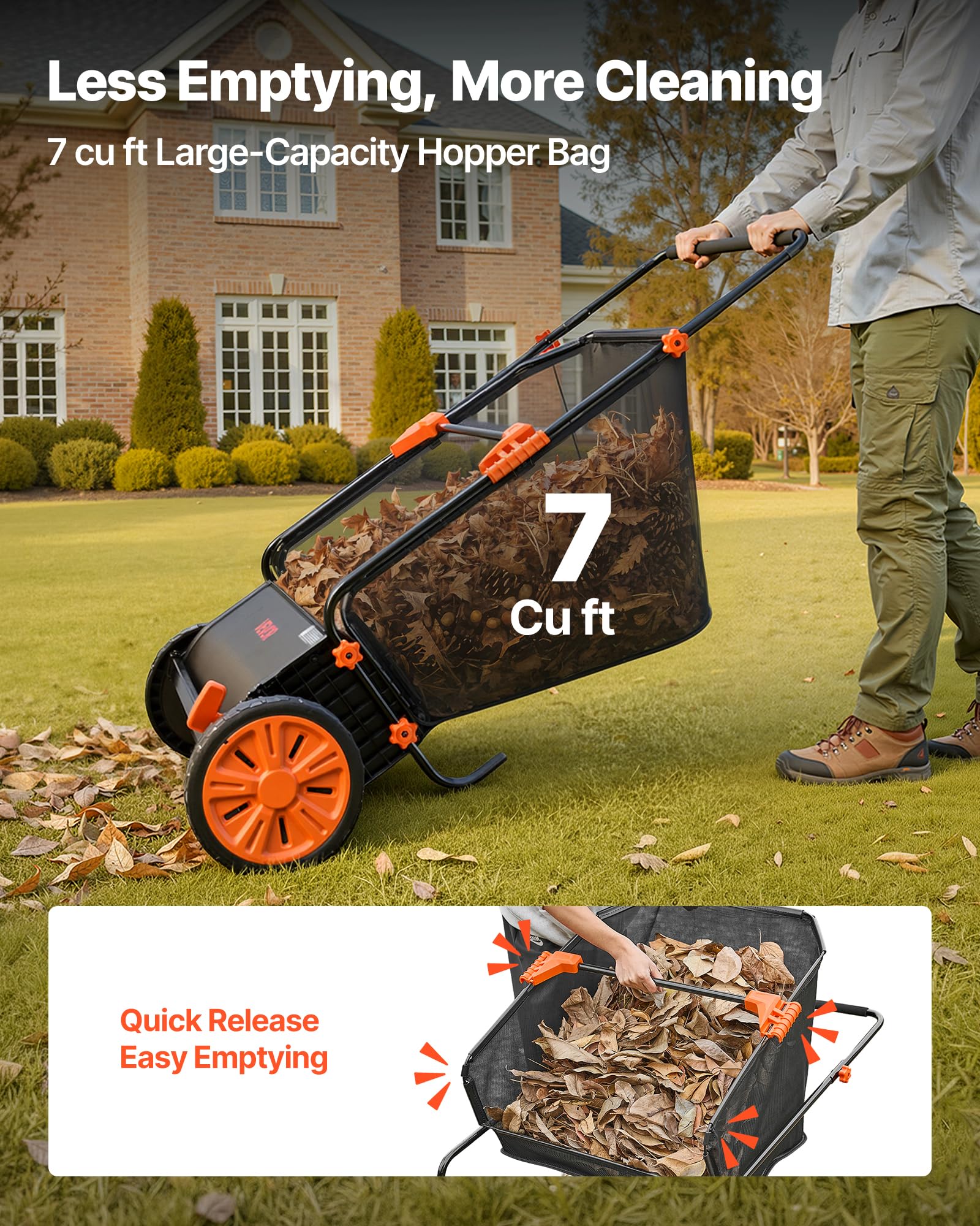 VEVOR Barredora Peinadora Césped Manual, Ancho de Trabajo de 66 cm, Cepillo para Césped, Saco de Recogida de 198 L, 10 Alturas Ajustables, para Limpiar Hojas Piñas Agujas de Pino en Jardín Acera Patio