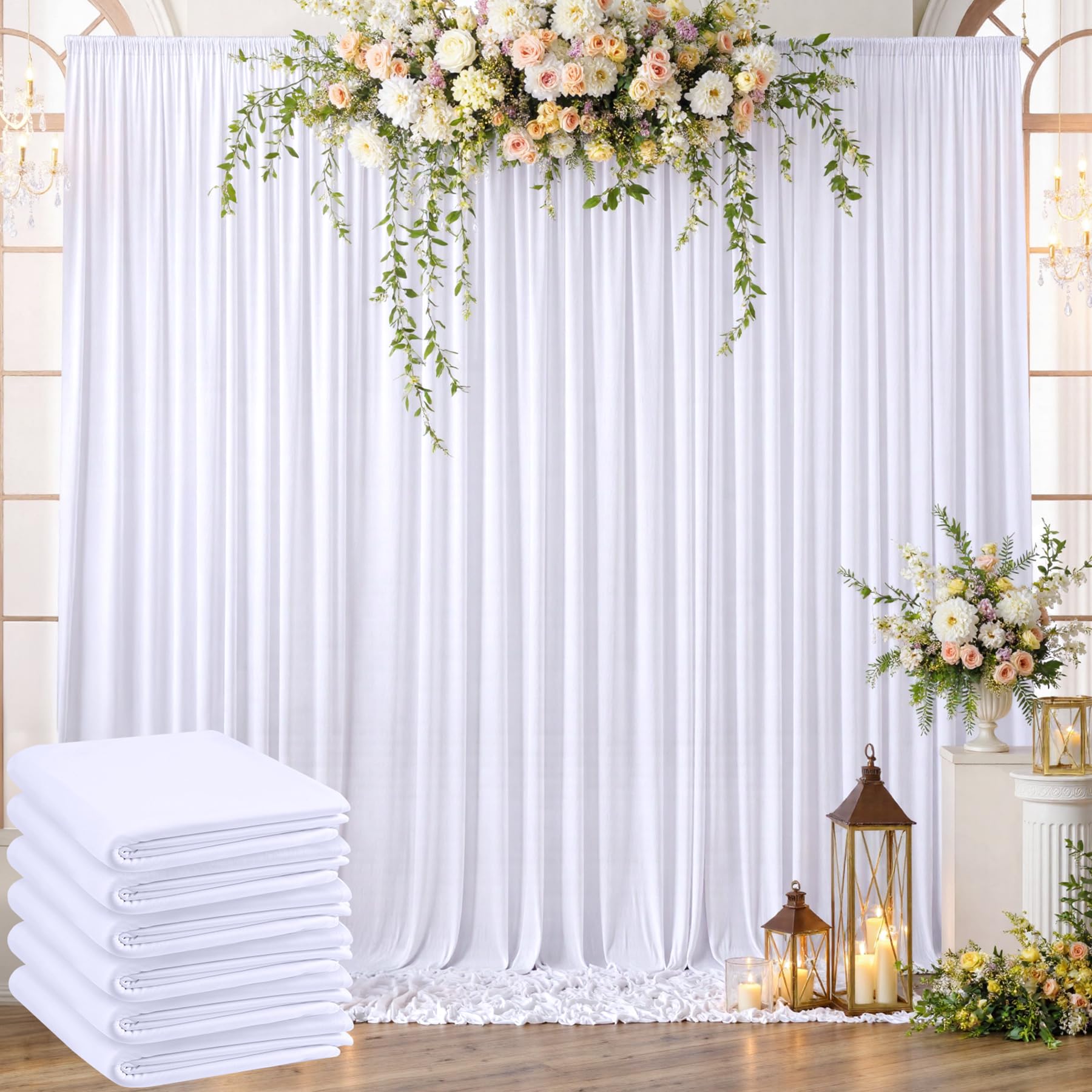 9 m x 2,4 m - Rideaux de Fond Blanc sans Plis pour fêtes de Mariage, 6 Panneaux de 1,5 x 3 m - Polyester Soyeux Doux - Blanc - Arrière-Plan Photo - Tissu arrière - pour Anniversaire, Noël