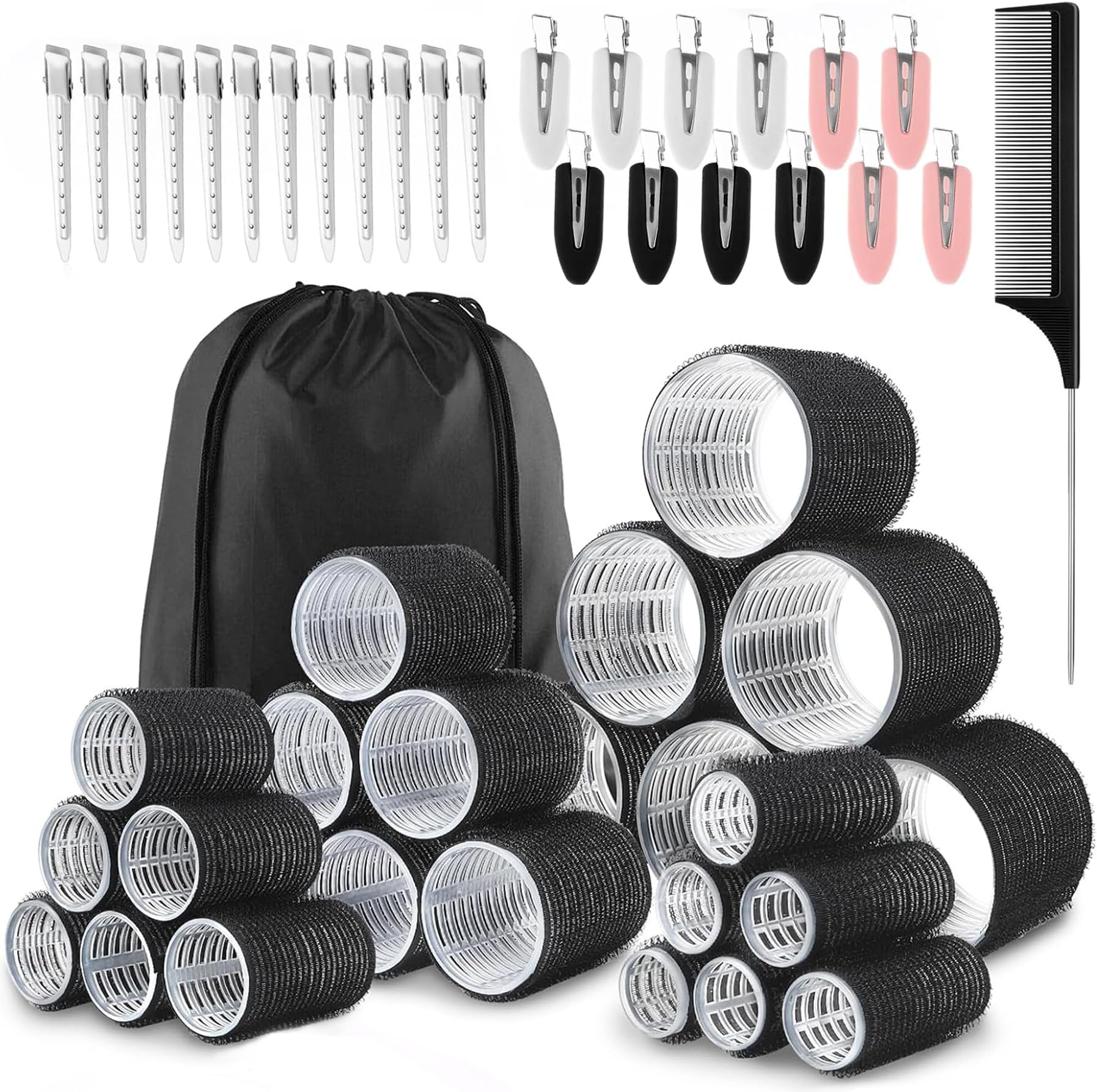 Hair Rollers Set-50PCS,Hair Rollers with Clips- eco-friendly Nylon Material,4-sizes for Various Curls - Perfect for Styling and Volume,60 45 36 25mm/24pc Curlers rollers & 24pc Curl Clips