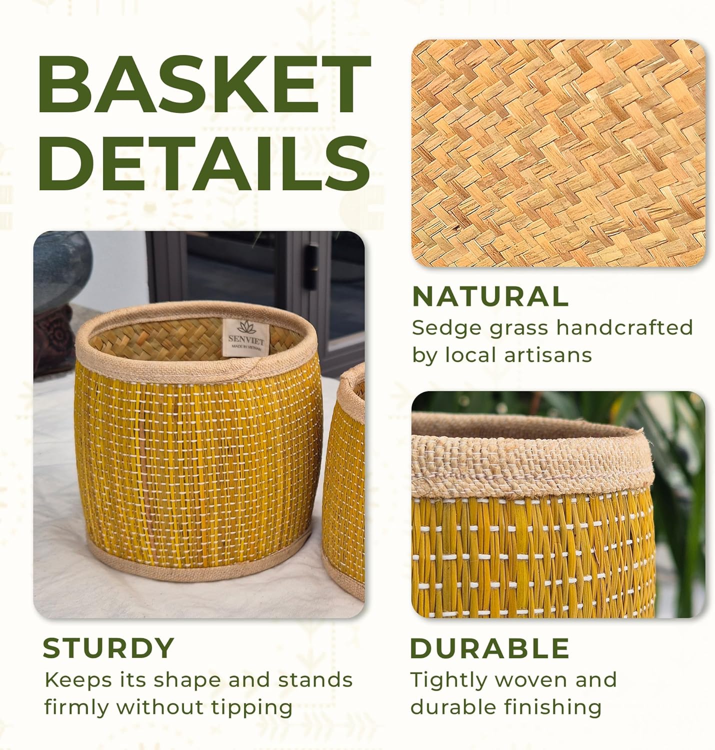 Woven Storage Baskets Set 3, Color Block Design, Small Round Basket Organizers for Desk & Shelves, Utensil Holder for Chopsticks & Spoons, Pen Holder & Makeup Organizer for Vanity, Decorative Basket