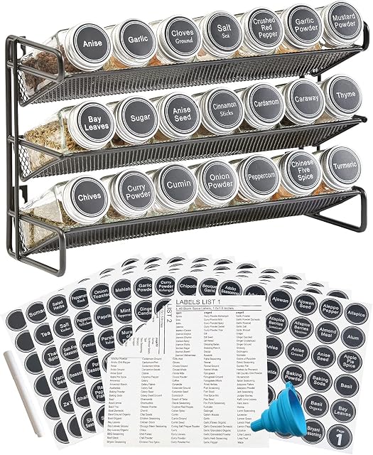 GONGSHI 3 Tier Spice Rack Organizer with 21 Empty Spice Jars, 386 Spice Labels, Chalk Marker and Funnel Set for Countertop Cabinet Pantry or Wall Door Mount - Black
