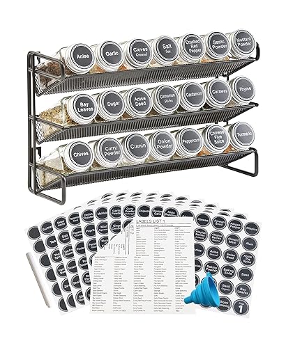 GONGSHI 3 Tier Spice Rack Organizer with 21 Empty Spice Jars, 386 Spice Labels, Chalk Marker and Funnel Set for Countertop Cabinet Pantry or Wall Door Mount - Black - White
