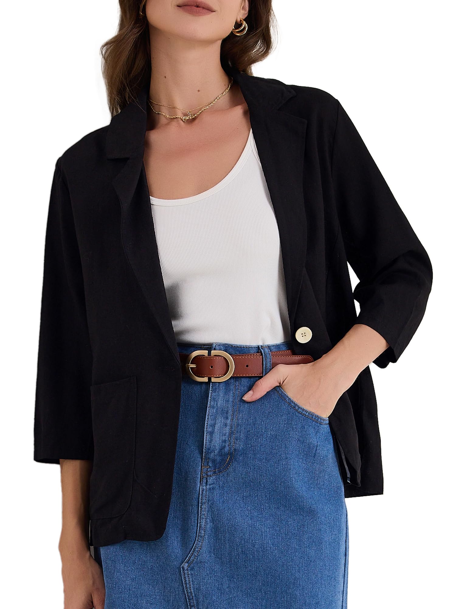 Allegra K Womens Linen Blazer 2025 Summer Lightweight 3 4 Sleeves Casual Office Work One Button Notched Lapel