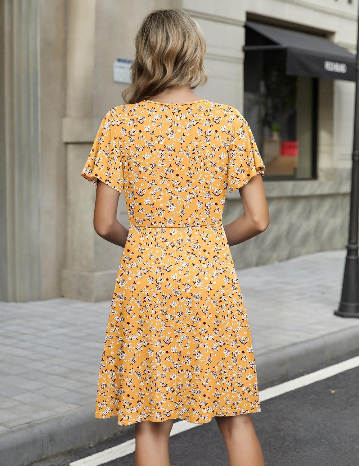 Zeagoo Womens Summer Sundress Ruffle Short Sleeve Casual Dresses V Neck Floral Wrap A-Line Party Dress with Pockets - Image 6