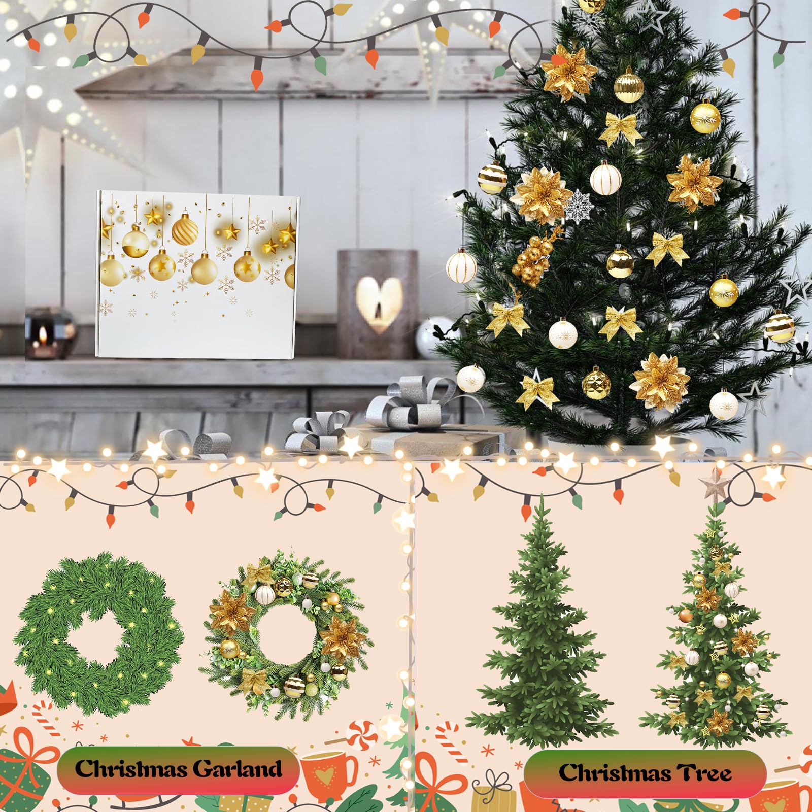 Lot de 88 boules de Noël dorées avec fleurs de Noël, flocons de neige, nœud, étoile pour couronne de Noël, guirlande de Noël