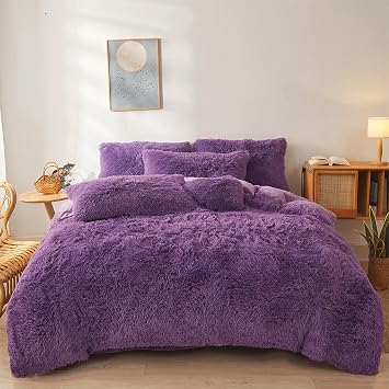 Dark Purple Faux Fur Comforter Cover Set Ultra Soft Plush Bedding Sets 1 Duvet Cover + 2 Pillow Cases Zipper Closure Queen, Dark Purple