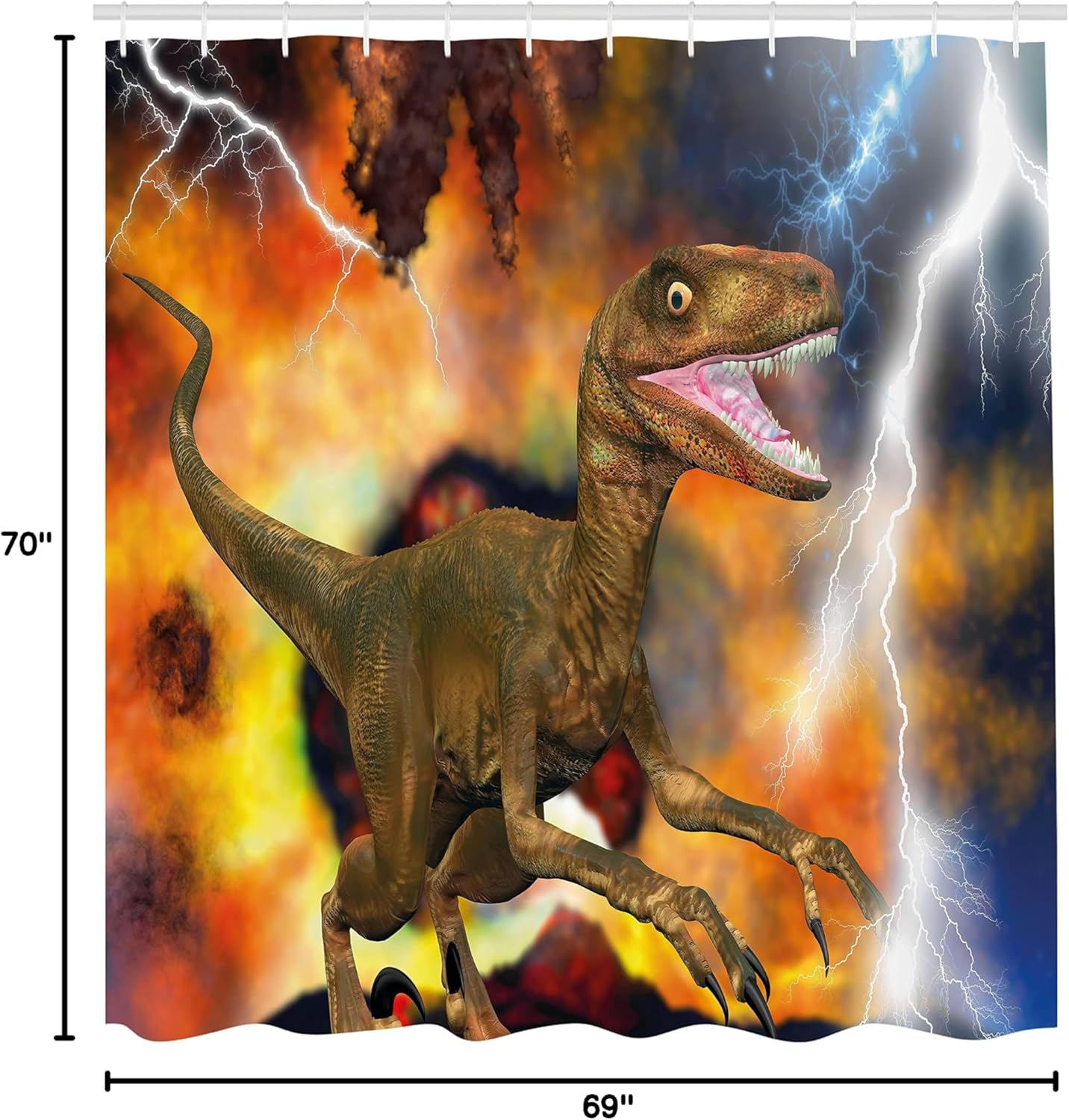 Ambesonne Dinosaur Shower Curtain, Dramatic Catastrophe Destruction Background with Allosaurus Fragilis Illustration, Cloth Fabric Bathroom Decor Set with Hooks, 69" W x 70" L, Fawn Orange