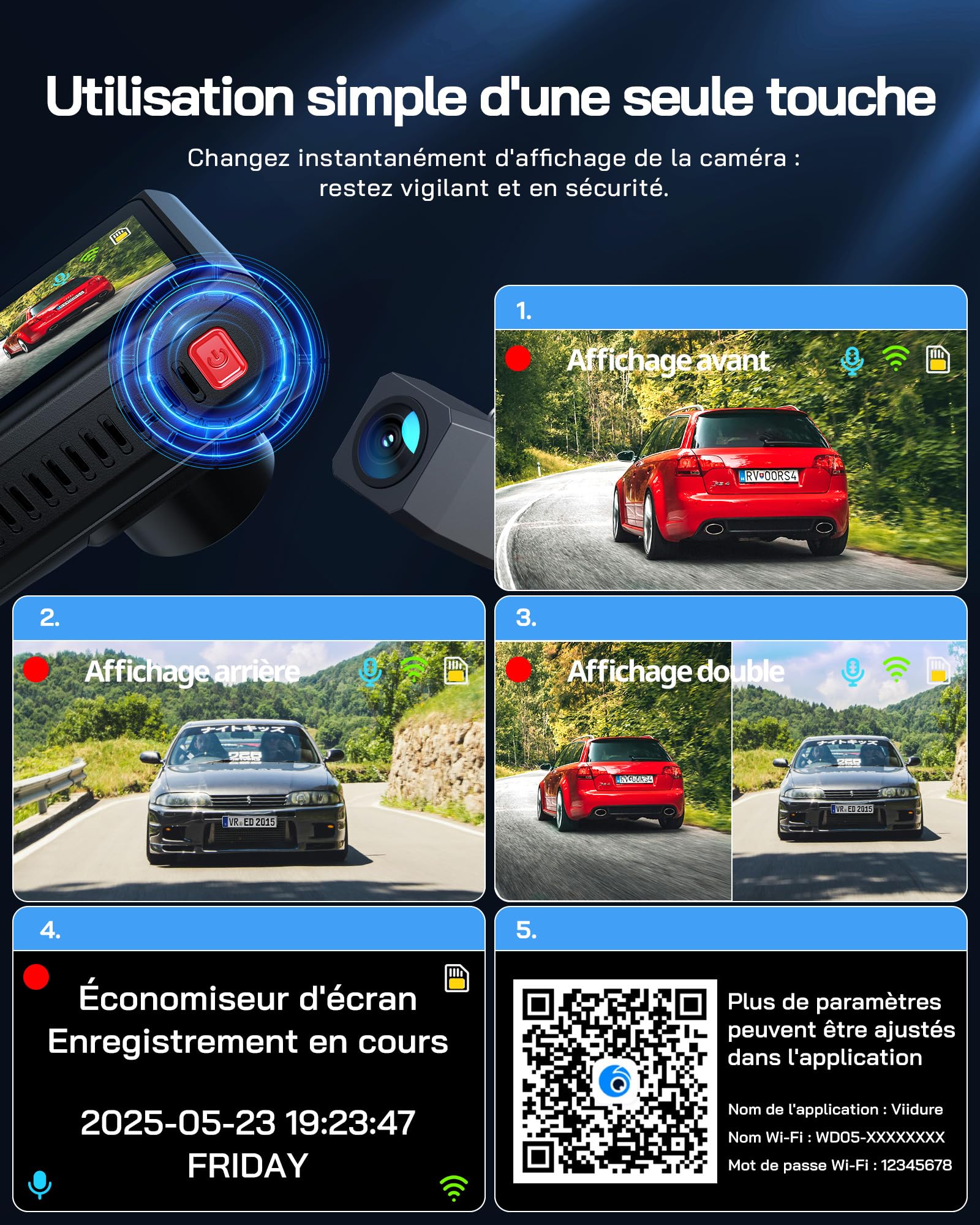 WOLFANG 4K Dashcam Voiture Avant Arrière, Wi-FI Caméra Voiture, IPS de 3", Grand Angle 170°, G-Capteur, WDR, Mode Stationnement 24H, Vision Nocturne, Enregistrement en Boucle