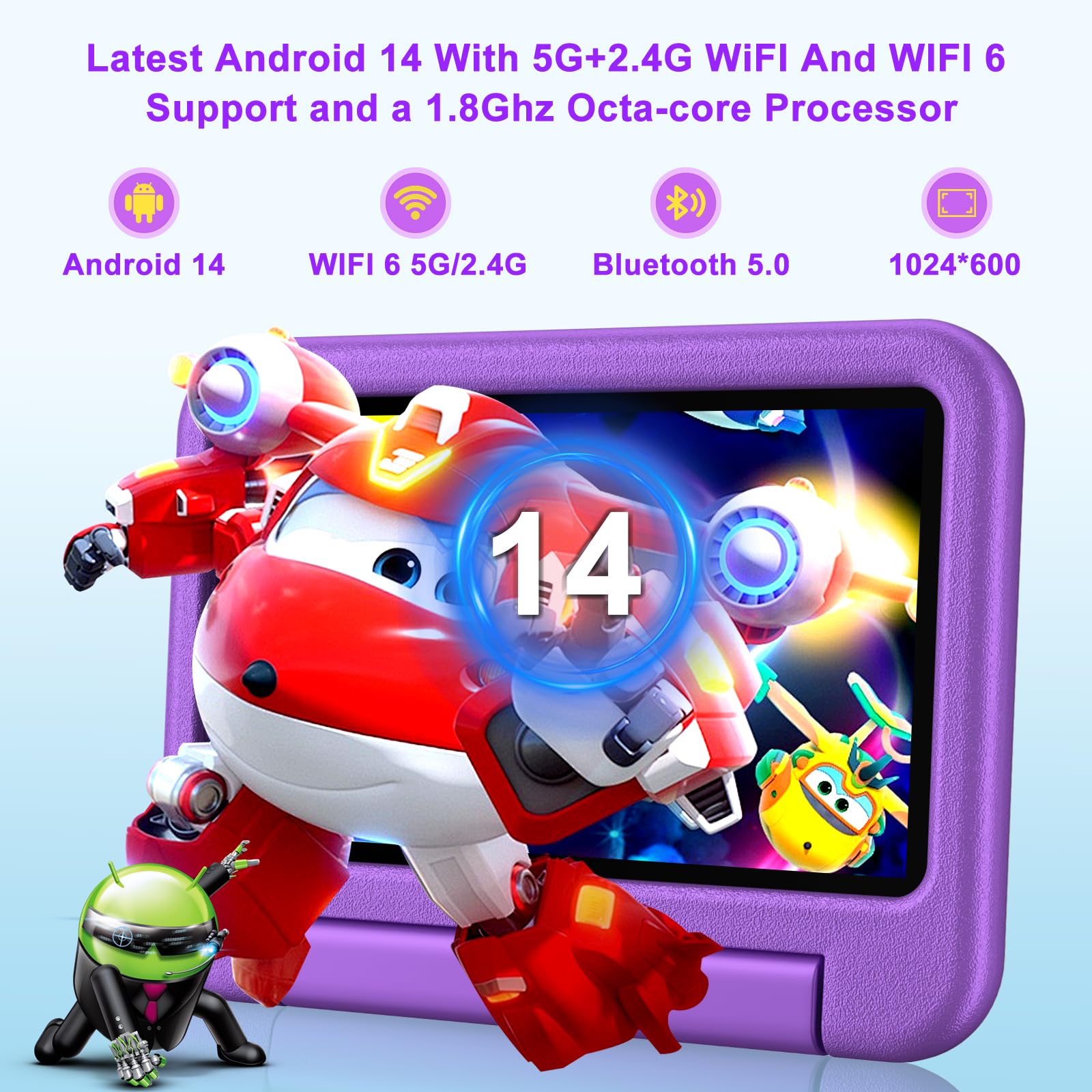 DEERTiME Tablet Andorid 14 Bambini 7 Pollici 10GB RAM + 64GB ROM (TF 1TB), WiFi 6, BT5.0, Octa-Core, Controllo Parentale | Doppia Fotocamera | GMS Certificated | GPS | Tablet con Custodia EVA - Viola