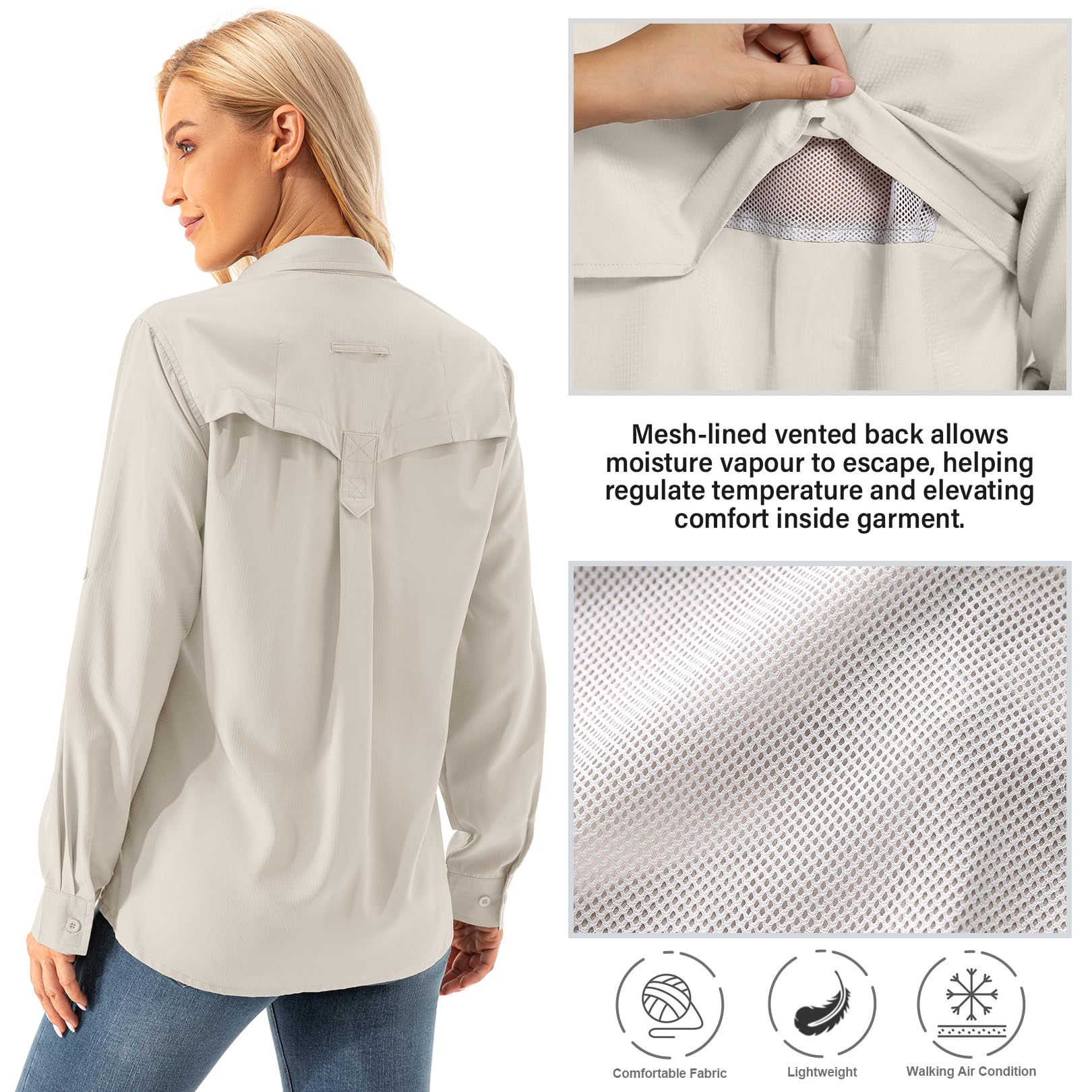 Damen UV Shirt UPF 50+ Safari Kleidung Wanderbluse Outdoor Cooling Quick Dry Sonnenschutz Langarm