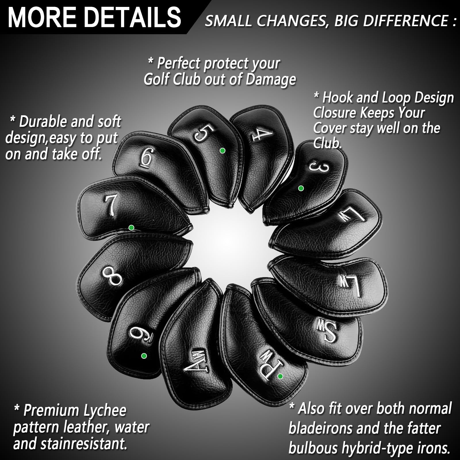 Golf Schlägerhauben Eisen Golfschläger Schlägerkopfhüllen Wert 12 Stück Set, Iron Club Head Covers Schwarz Blau Rot mit Gedruckter Nummer, Kunstleder Golfschlägerhaube Headcover