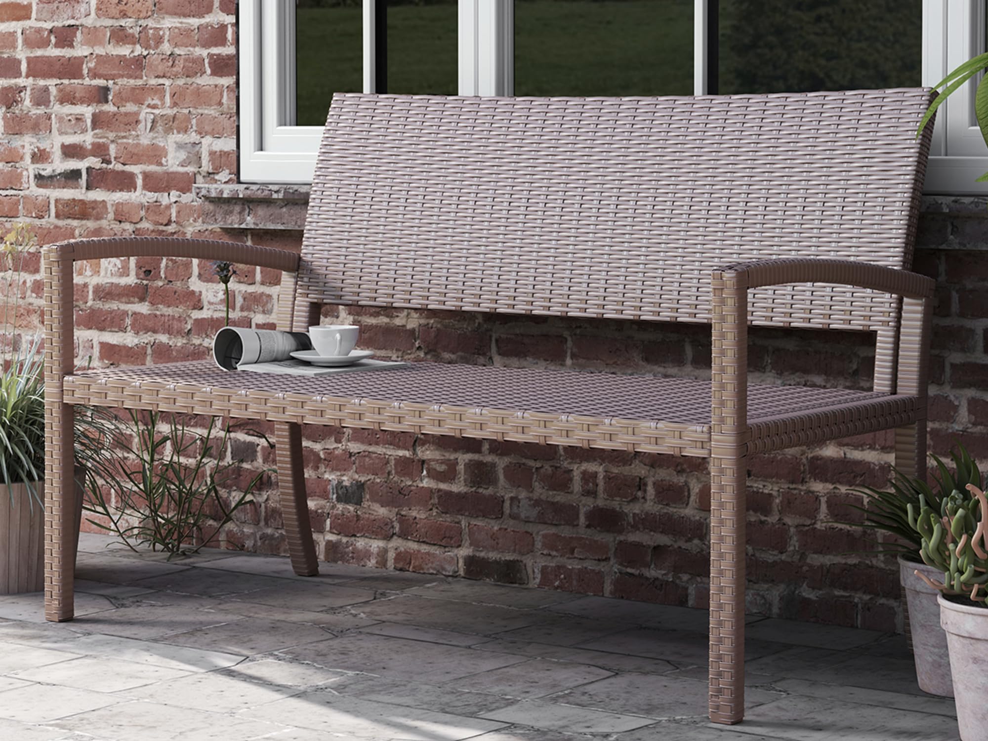 UDPATIO Gartenbank Wetterfest aus Polyrattan, Rattan Sitzbank Outdoor, Terrassenbank mit Armlehnen & Rückenlehne, Balkon Bank 320kg belastbar für Garten, Terrasse, Beige