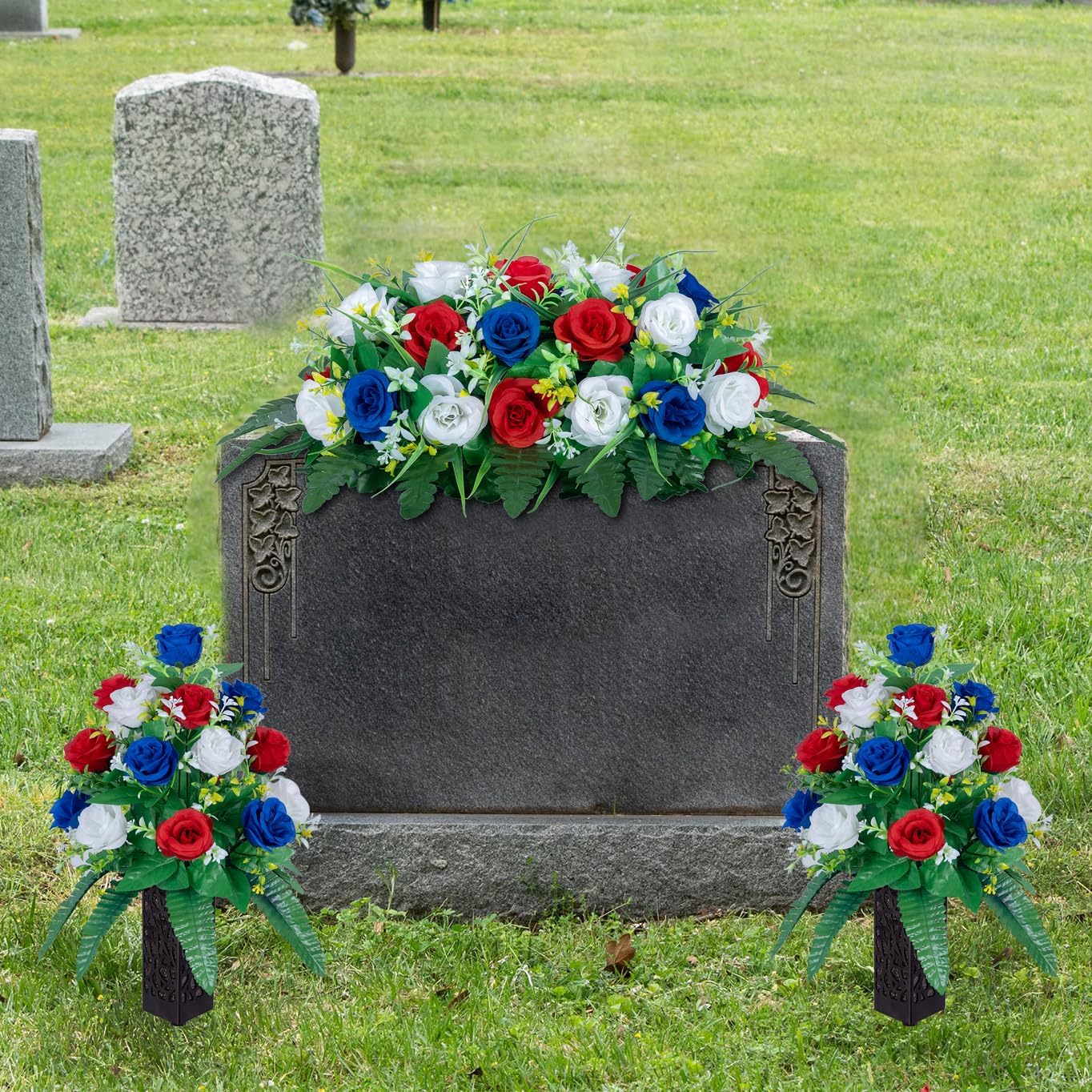 DONODA Cemetery Tombstone Red Blue White Saddle and 2 Sets of Artificial Cemetery Flowers Suit