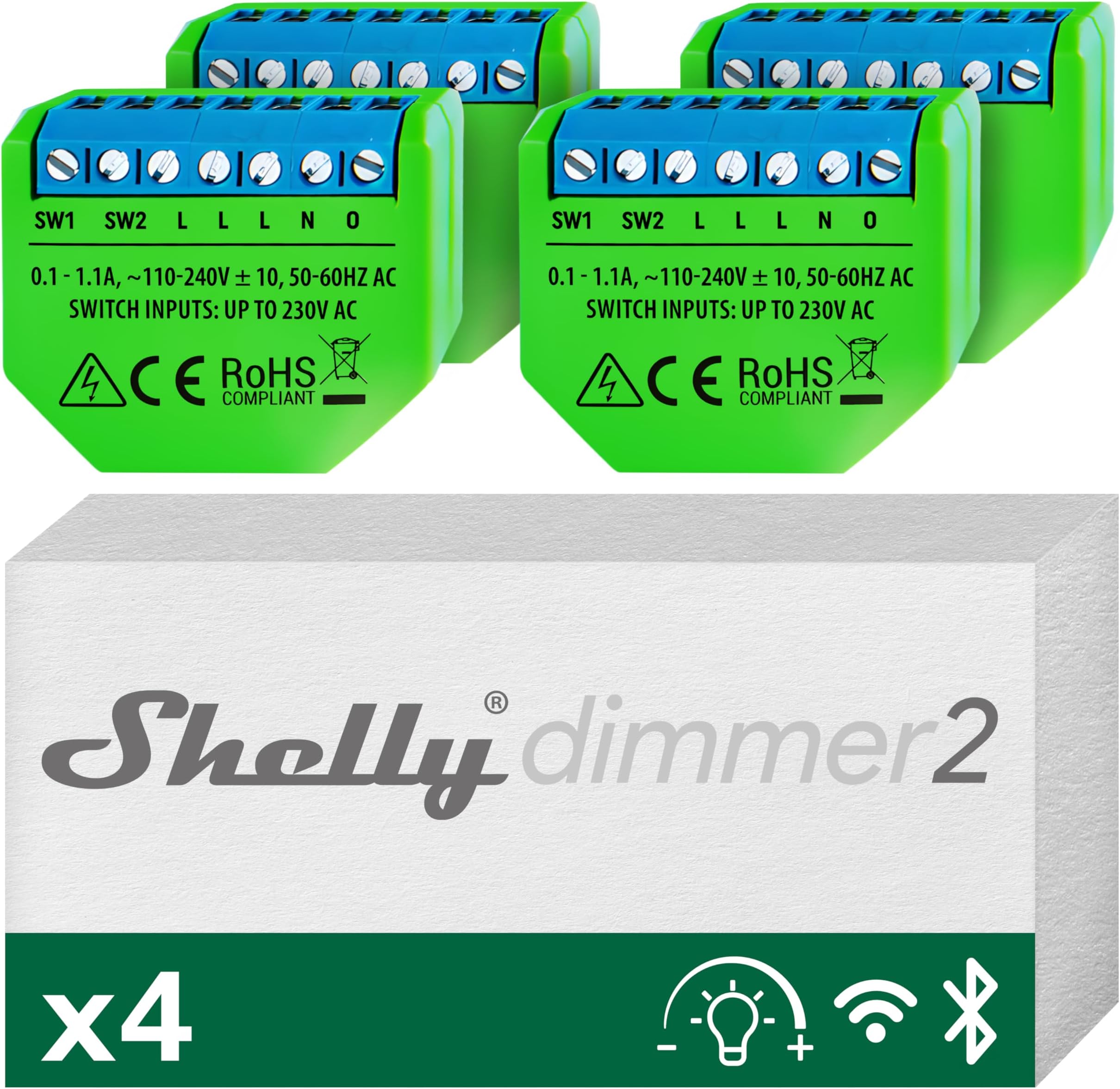 Shelly Dimmer 2 | WiFi Smart Dimmer Switch | No Neutral Wire Required | Home Automation | Alexa & Google Home | iOS Android App| No Hub Required | Wireless Switch | Dimmable Lights (4 pack)